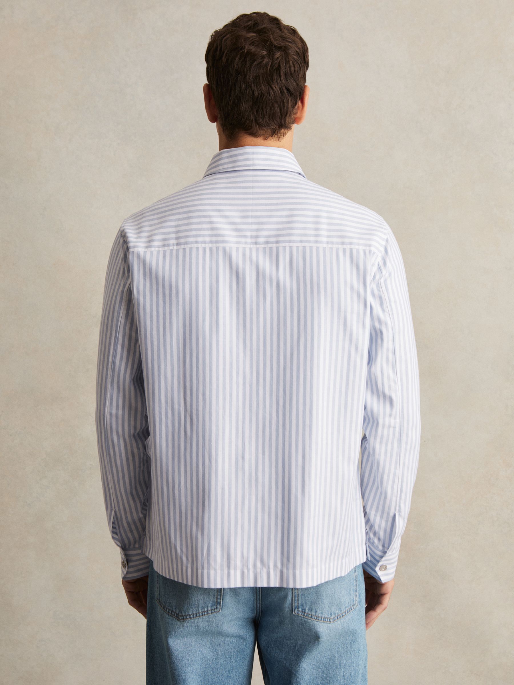 Cotton Stripe Zip-Through Shirt in White/Soft Blue