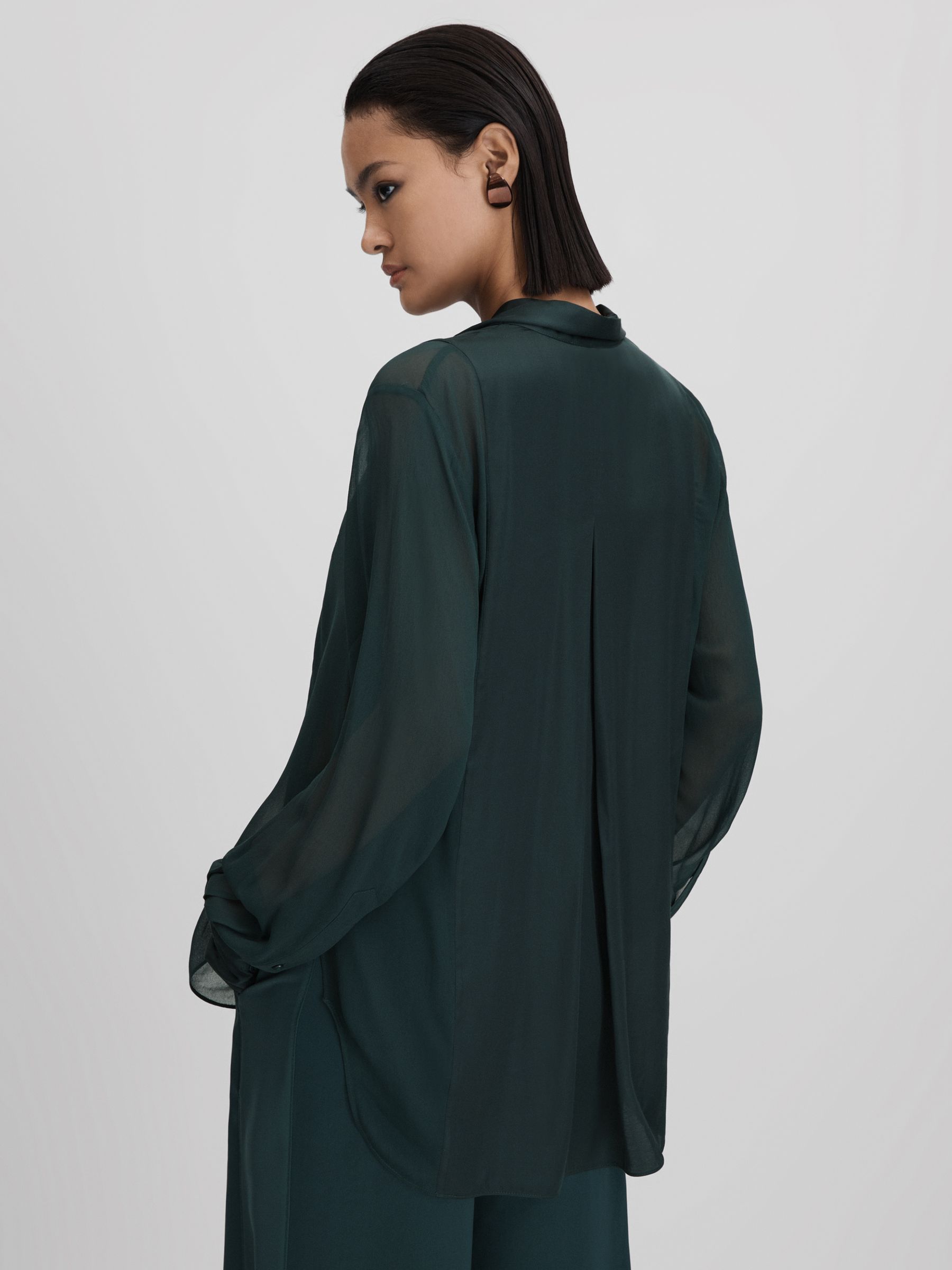 Semi Sheer Satin Tie Neck Blouse in Green
