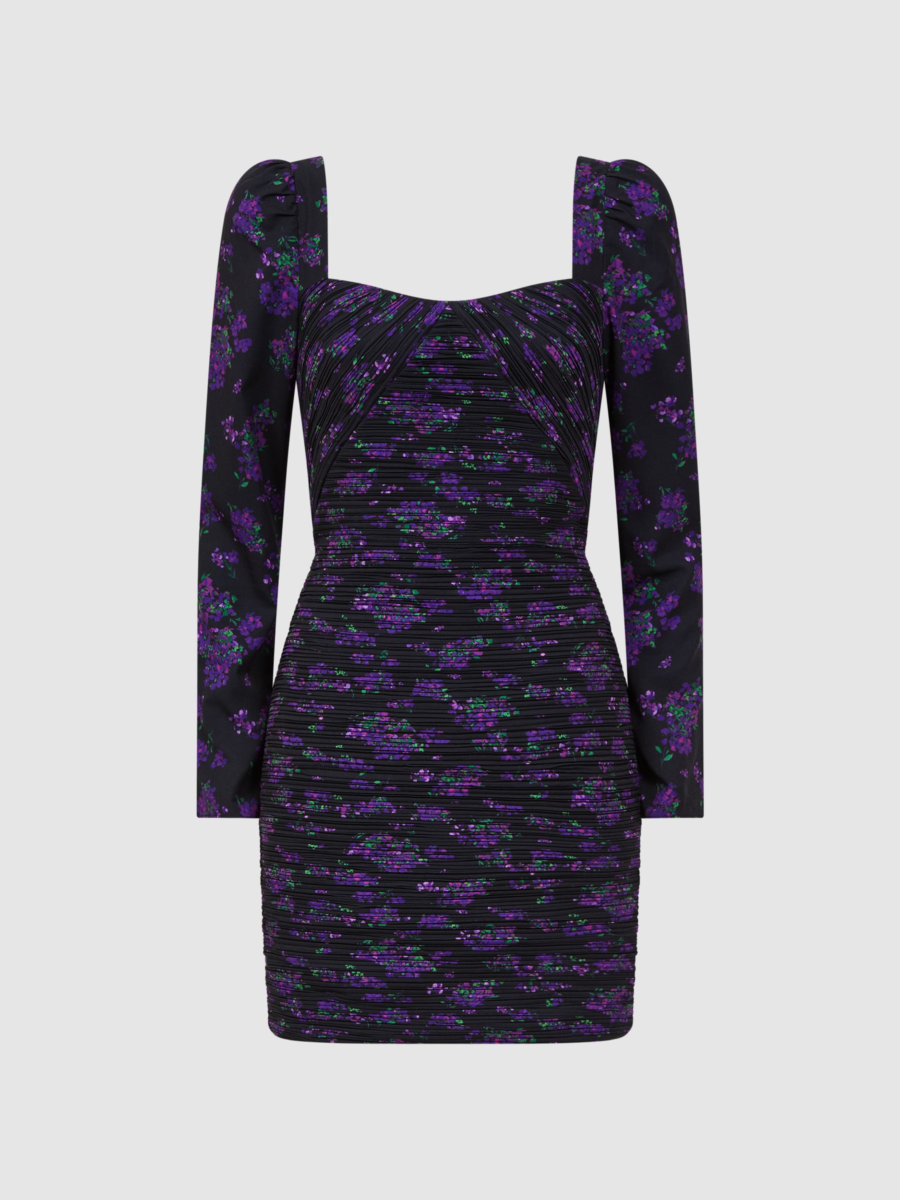 Amur Pleated Floral Bodycon Mini Dress in Hydrangea Berry