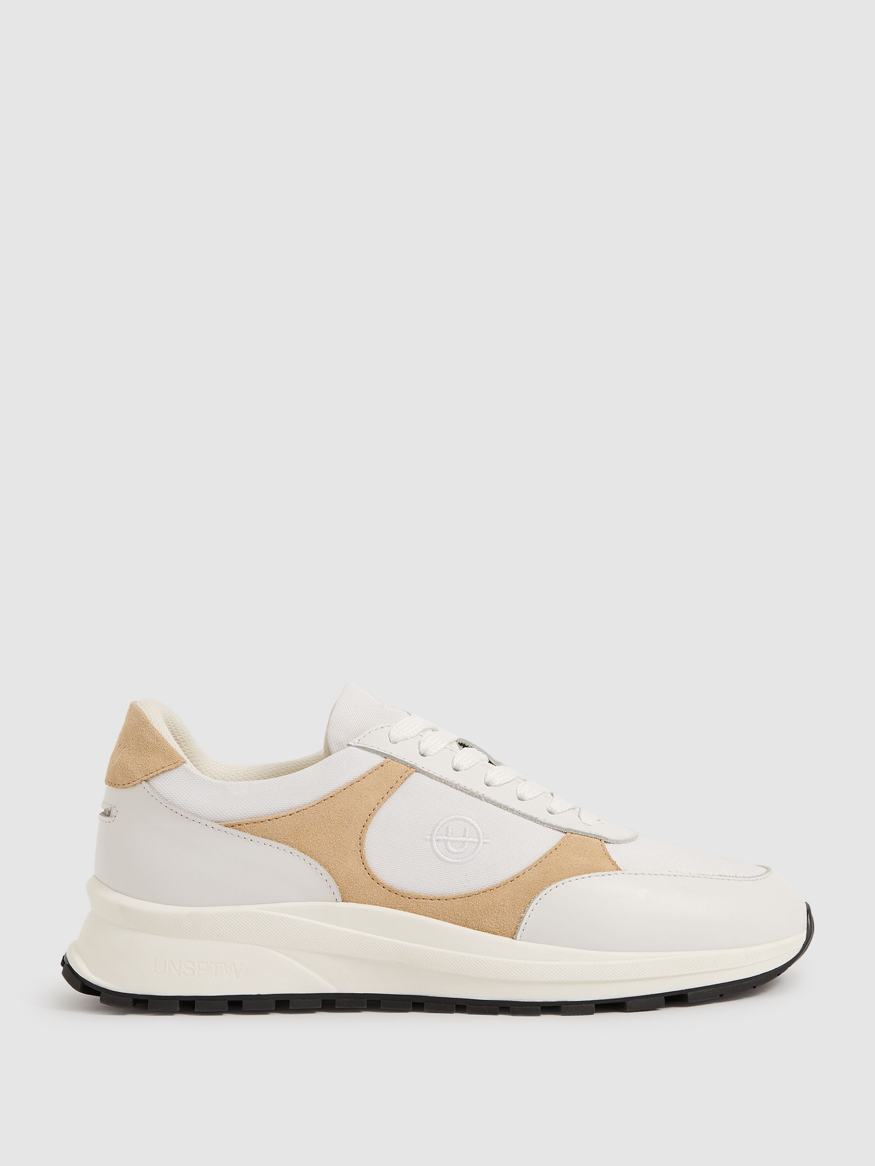 Unseen Suede Leather Colour-Block Trainers in White/Taupe