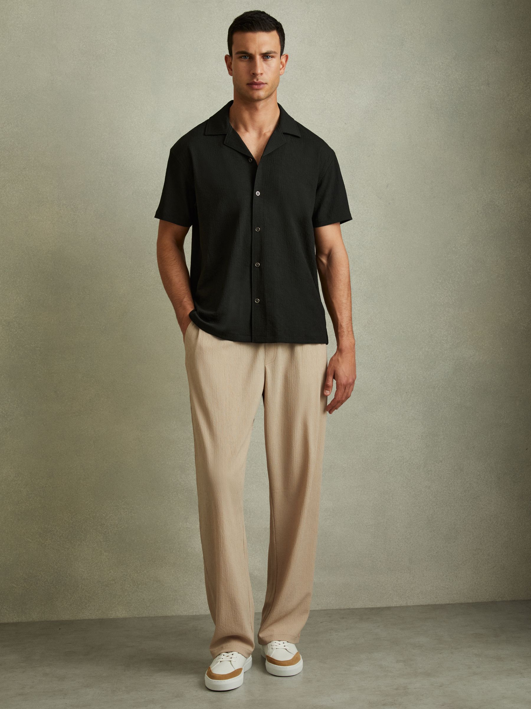 Textured Crepe Cuban Collar Shirt in Emerald