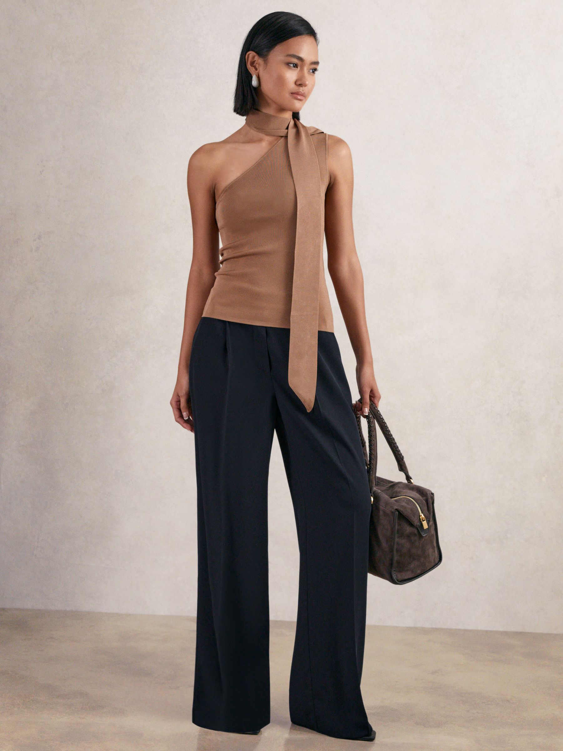 Petite Elasticated-Waist Wide-Leg Twill Trousers in Navy