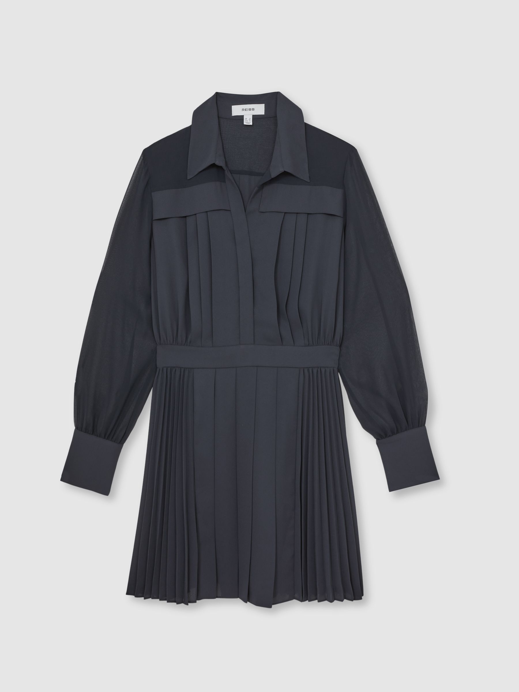 Pleated Sheer-Sleeve Mini Dress in Navy