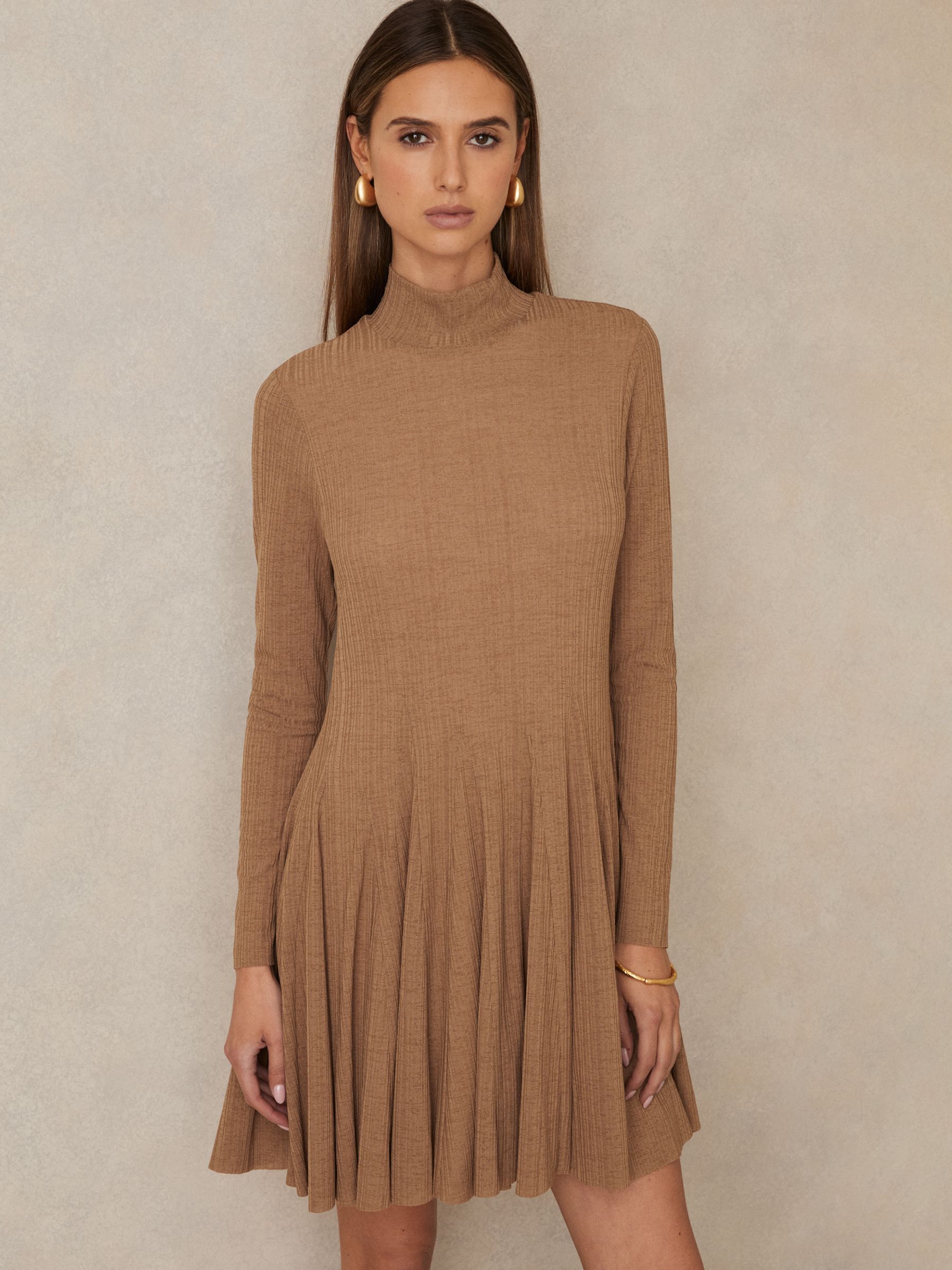 Jersey Ribbed Flared Mini Dress in Camel