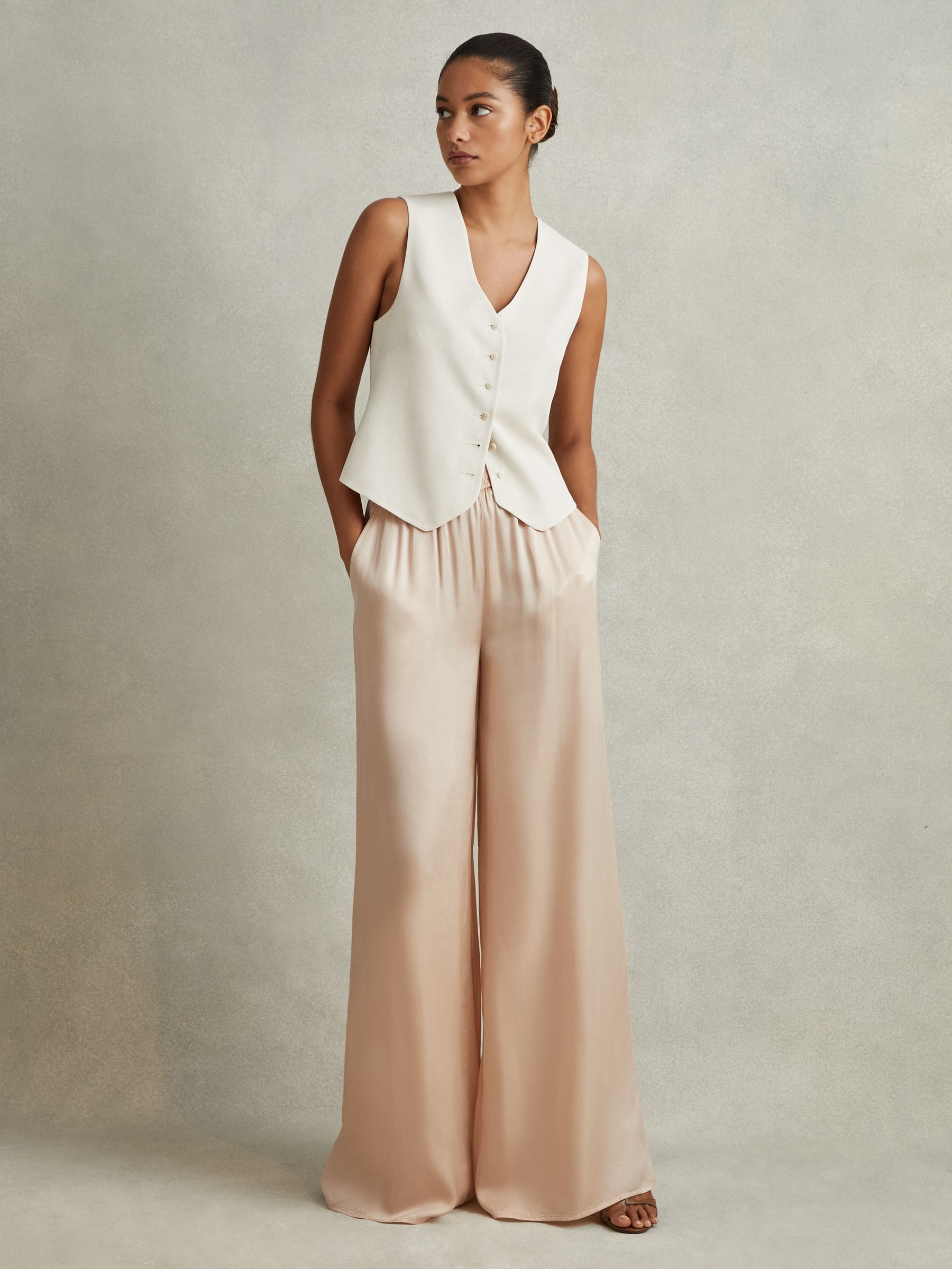 Satin Elasticated Waist Wide Leg Trousers in Champagne
