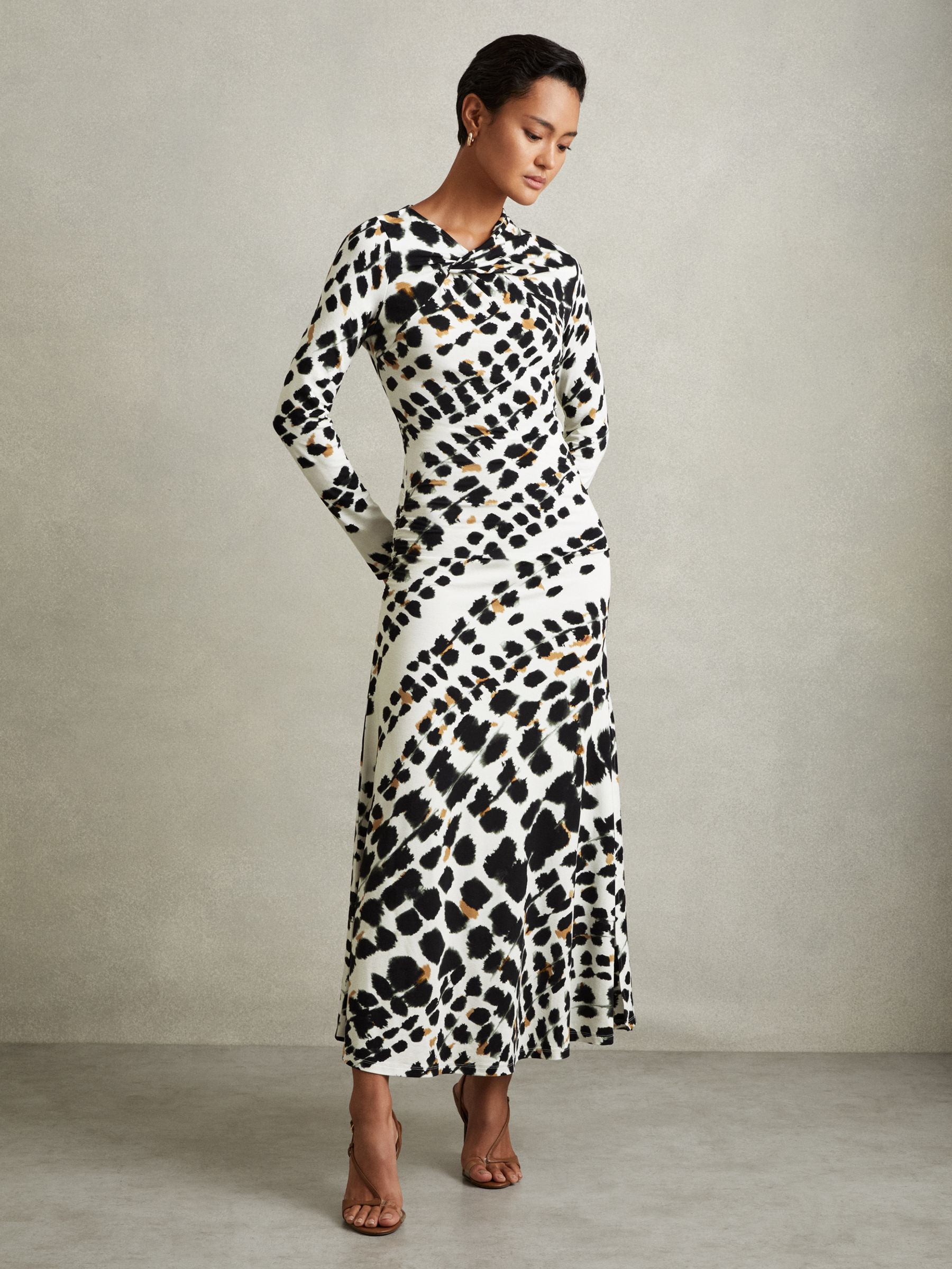 Vanita Black/White Printed Jersey Twist Detail Midi Dress