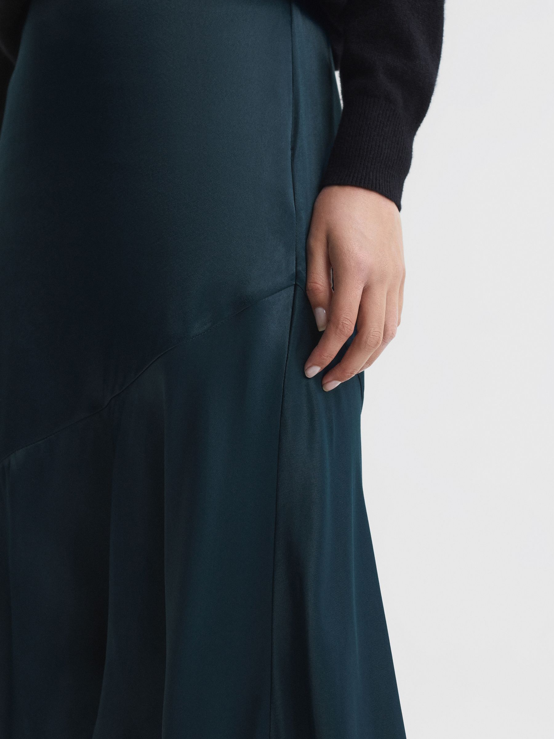 Satin High Rise Midi Skirt in Teal