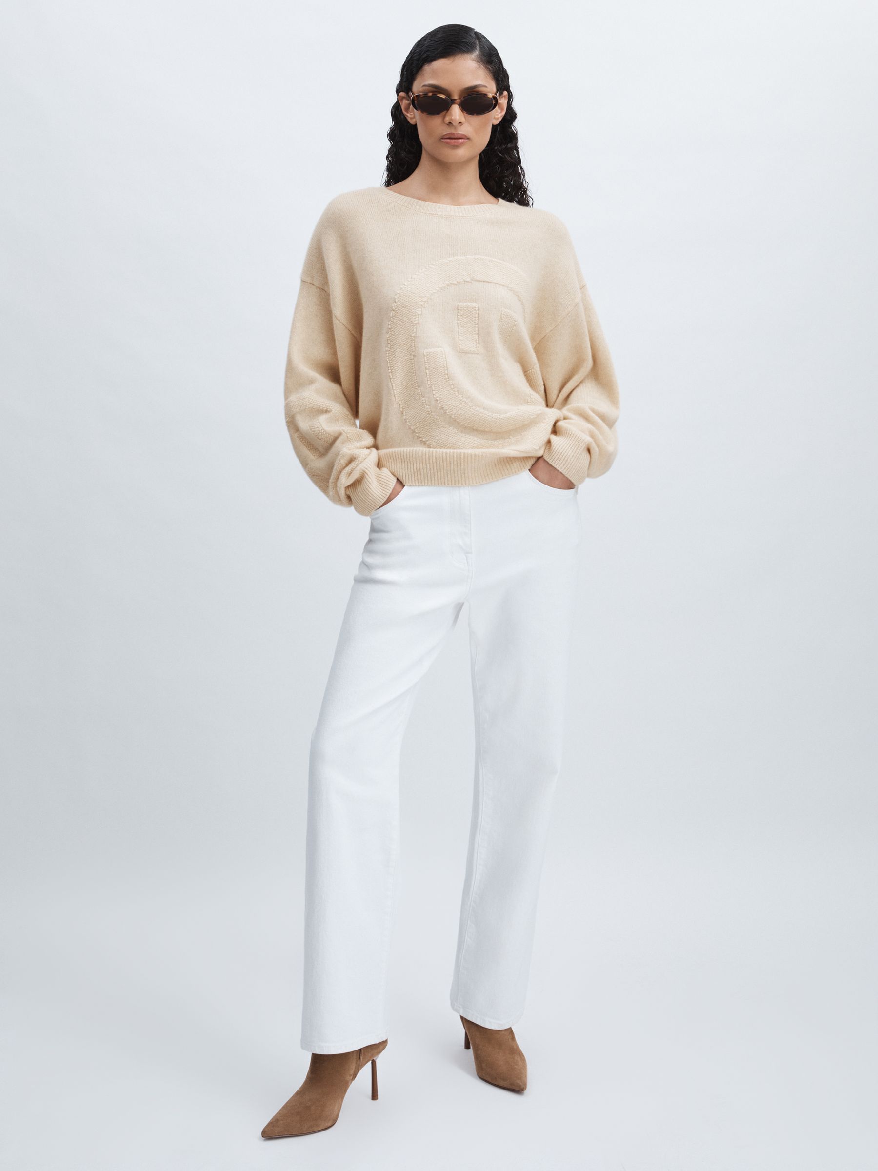 Crush Collection 100% Cashmere Smiley-Face Jumper in Cream