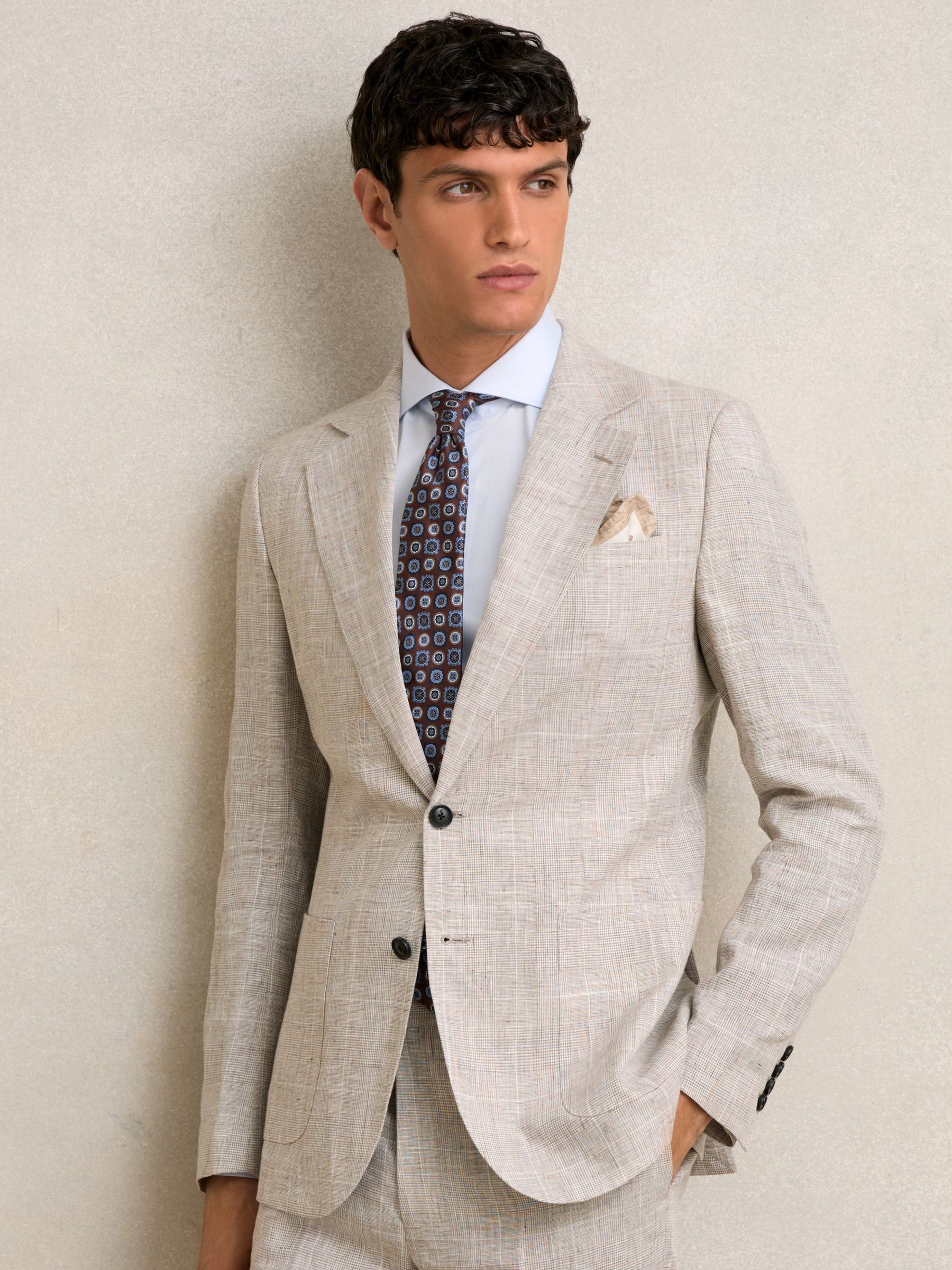 Slim Fit Linen Single Breasted Check Suit Blazer in Oatmeal