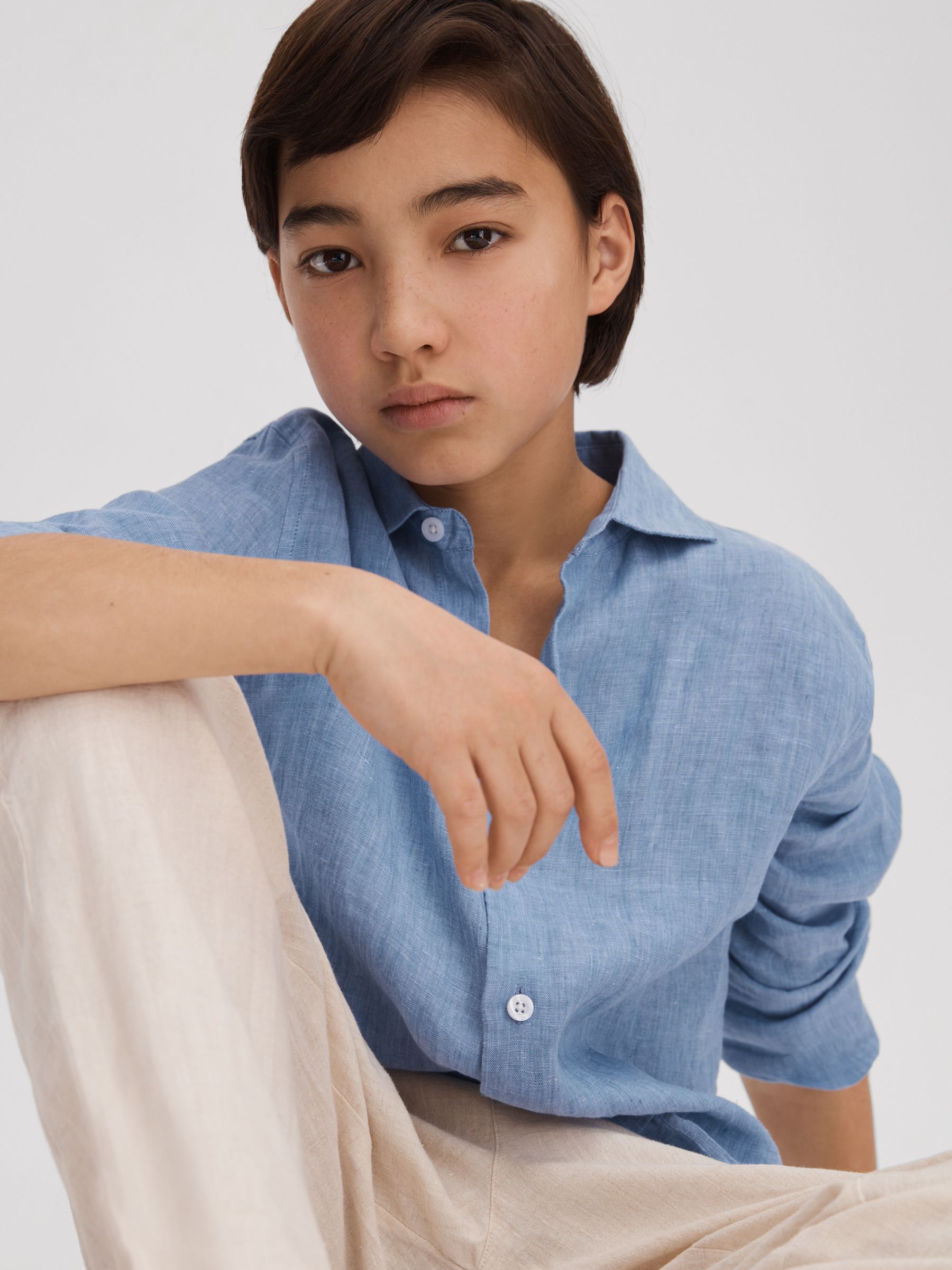 3-9 yrs Linen Cutaway Collar Shirt in Sky Blue