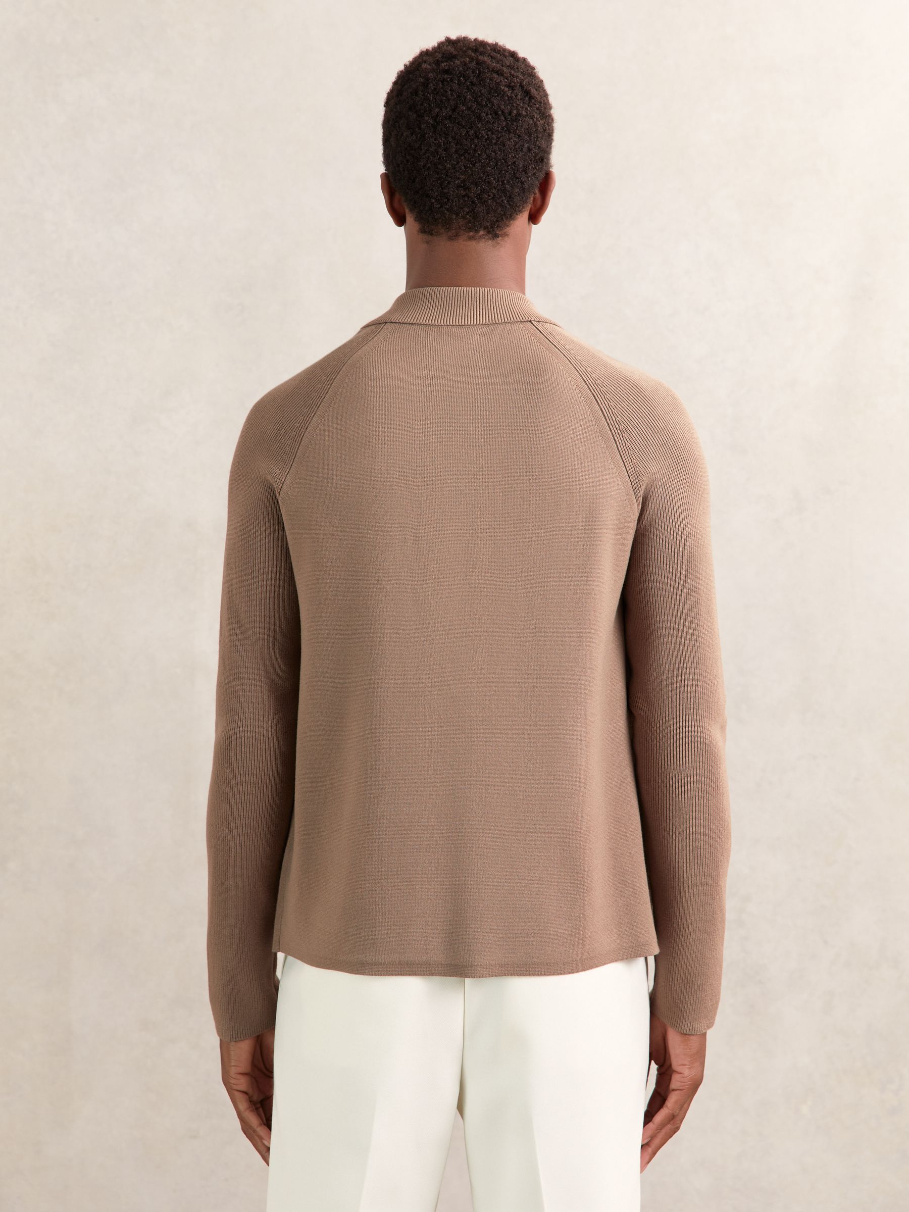 Button-Through Ribbed-Sleeve Shirt in Camel Brown