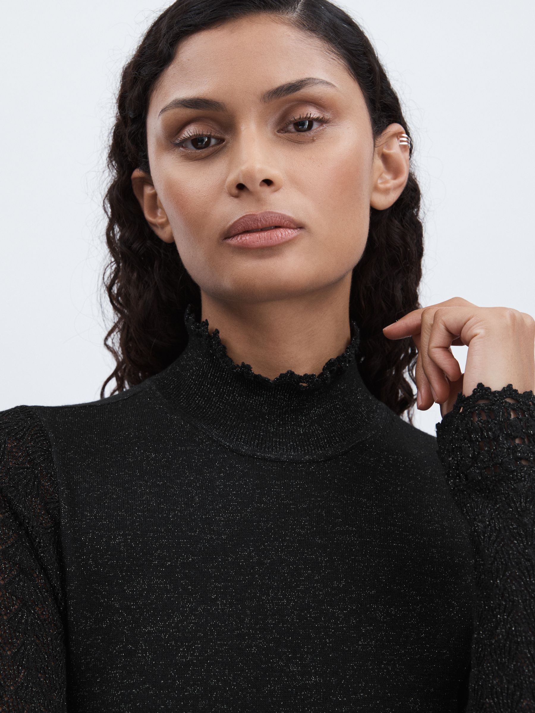 Paige Metallic Thread Pointelle Stitch Top in Black