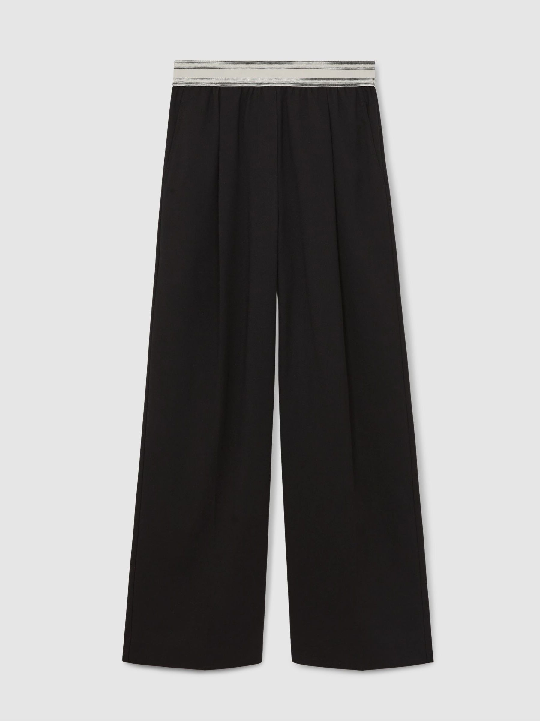 Wide-Leg Contrast-Waistband Trousers in Black