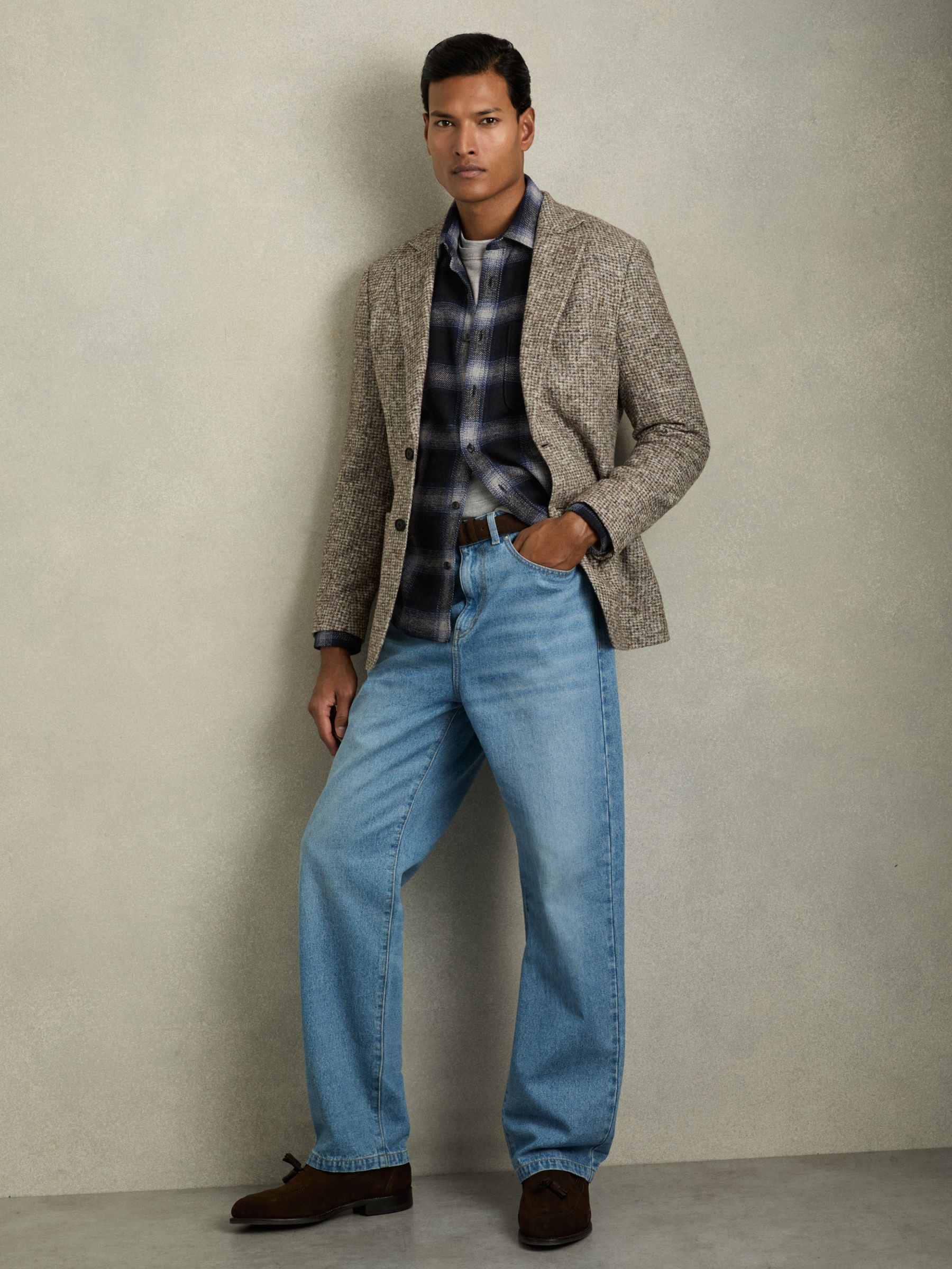 Check Patch Pocket Overshirt With Wool in Navy Multi