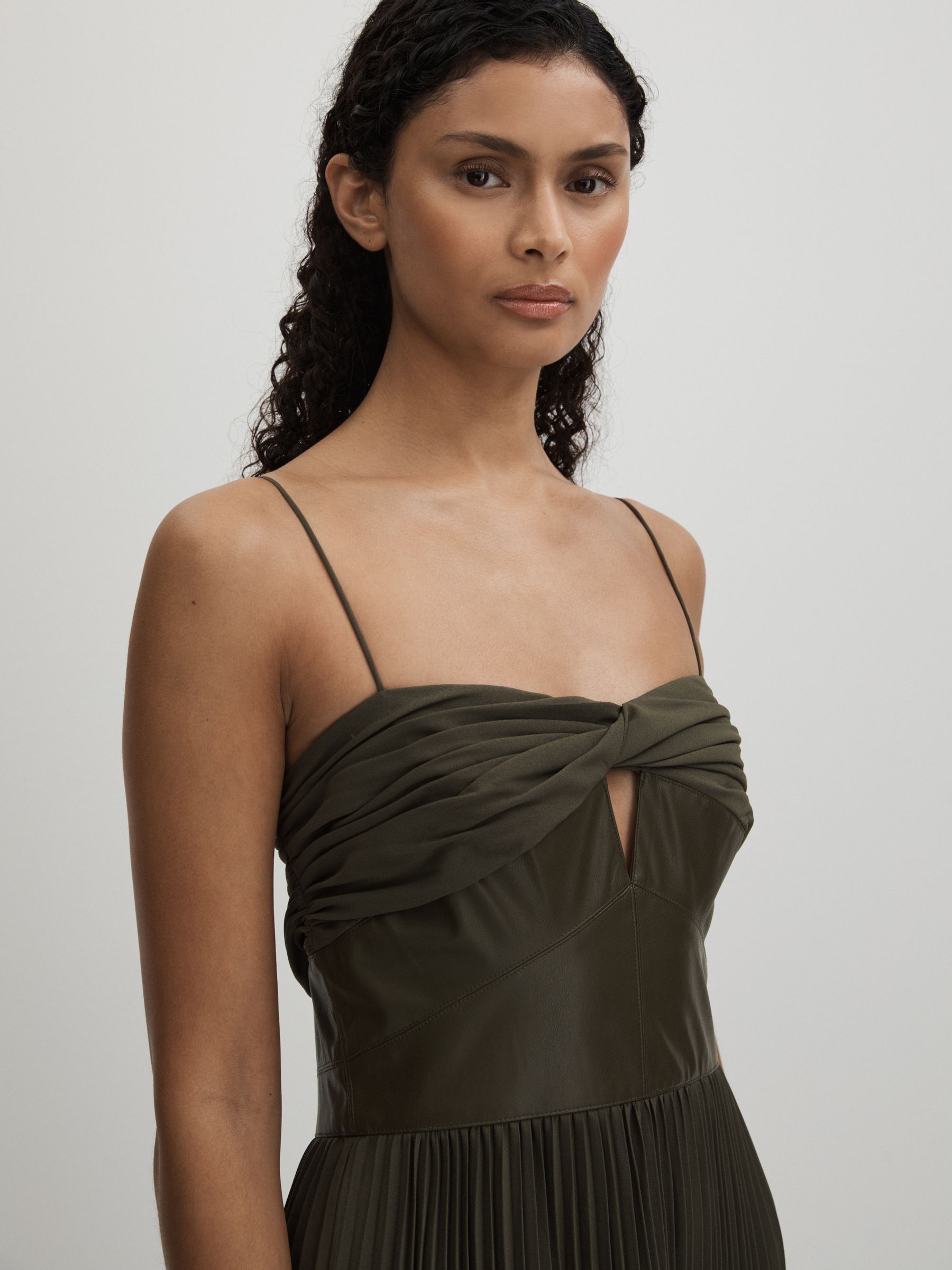 Amur Twist Pleated Maxi Dress in Olive