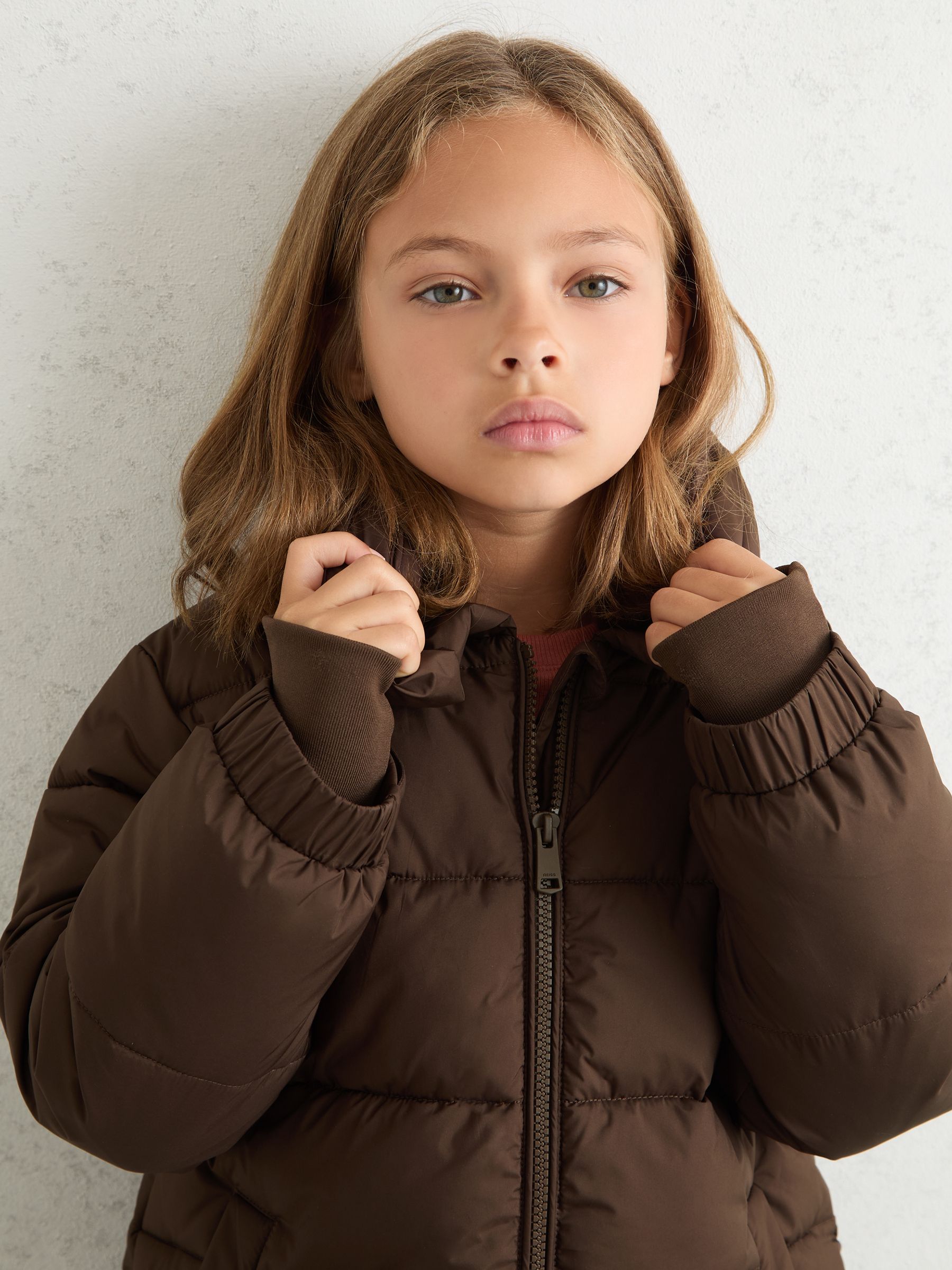 3-9 yrs Short Hooded Puffer Coat in Chocolate