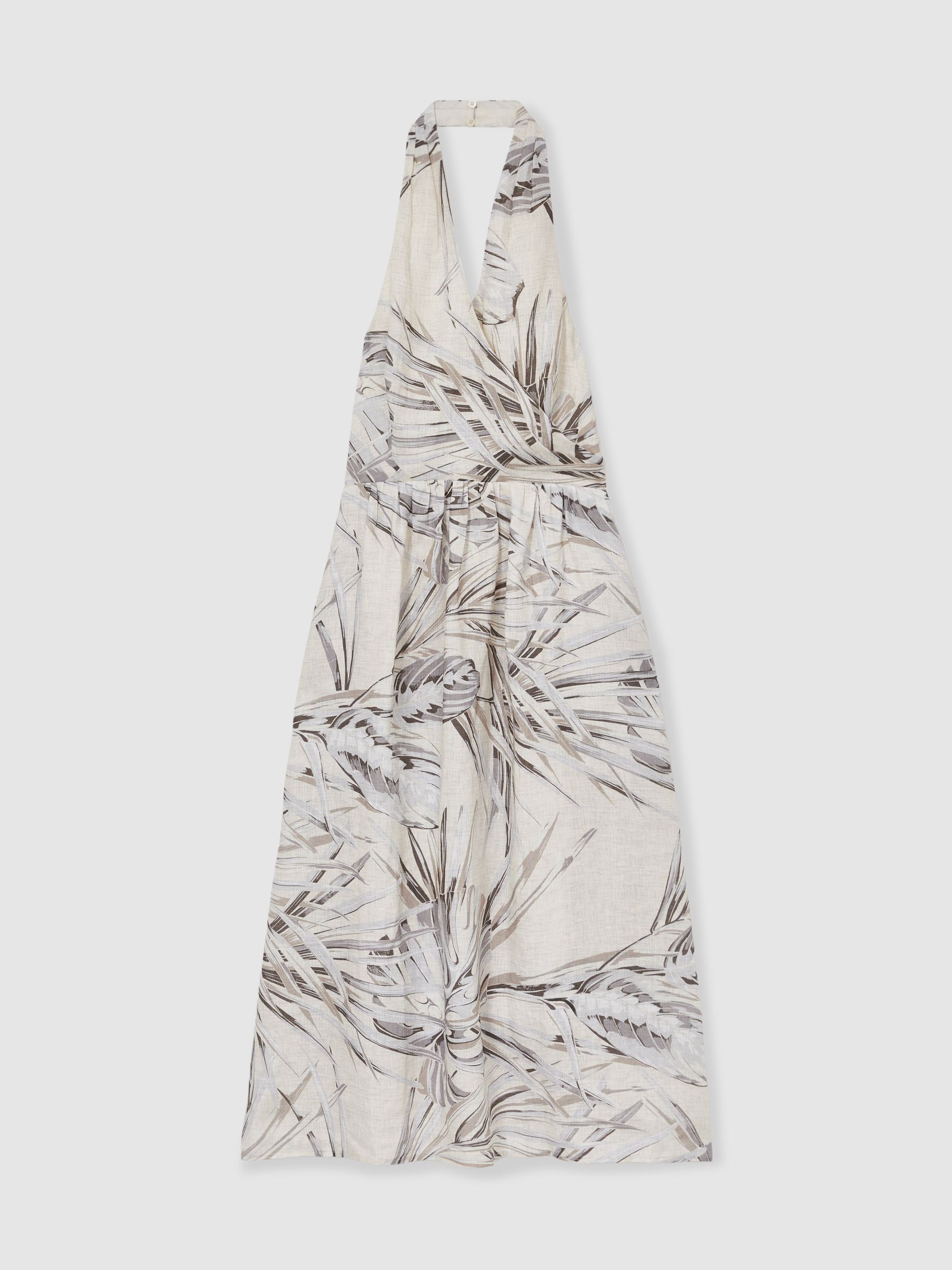 Petite Linen Palm Print Halterneck Midi Dress in Neutral