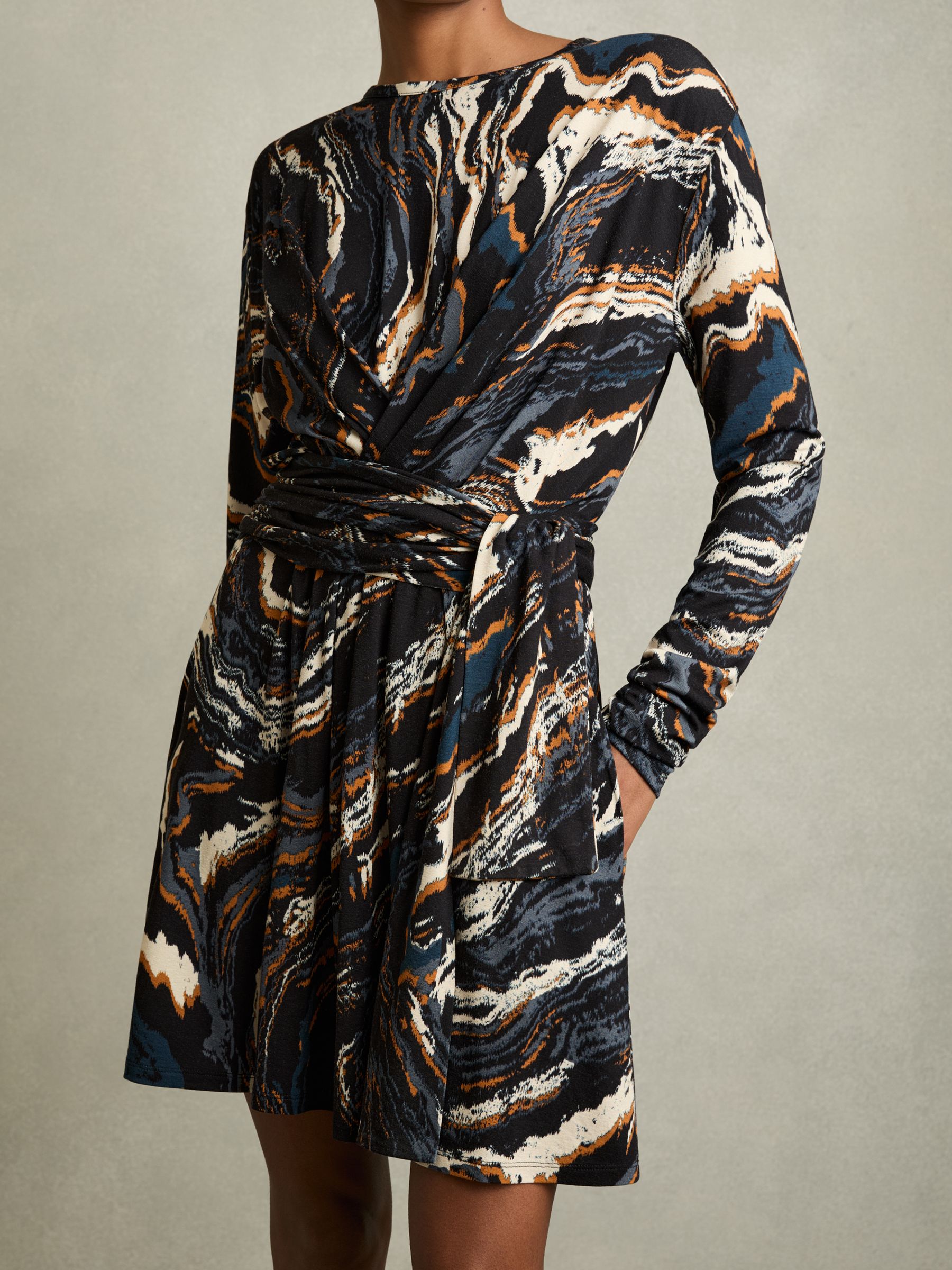 Jersey Printed Tie-Waist Mini Dress in Black/Blue