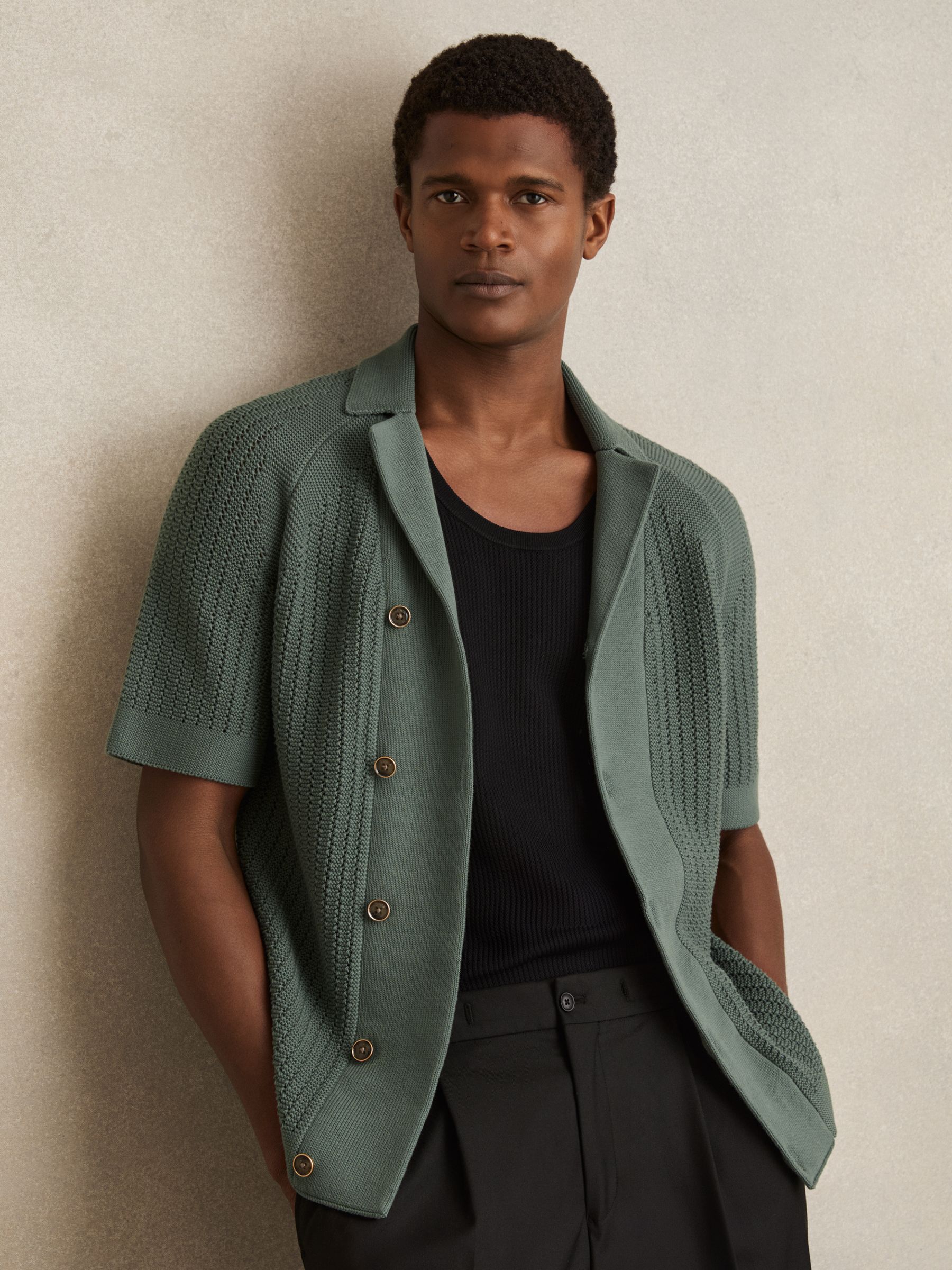 Cotton Textured-Knit Cuban-Collar Shirt in Pine Green
