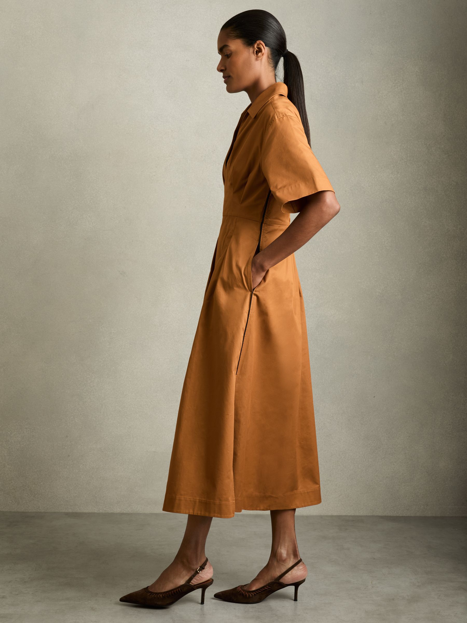 Cotton Pleated-Waist Midi Dress in Rust