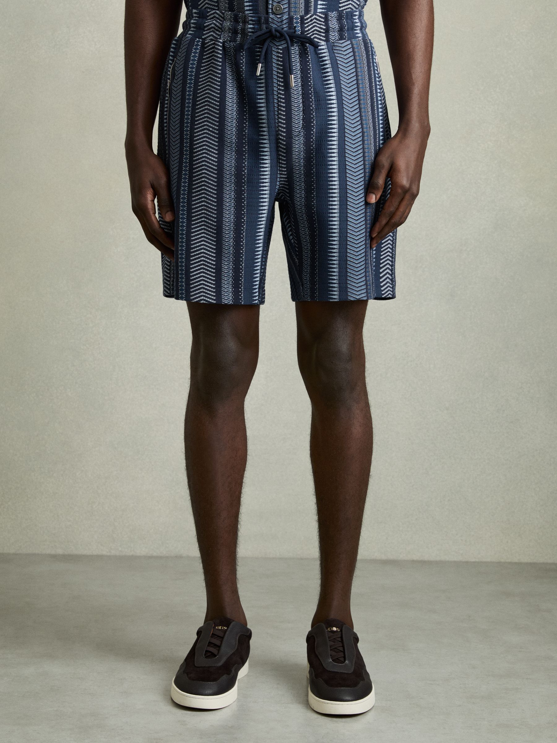 Aztec-Stripe Drawstring Shorts in Navy