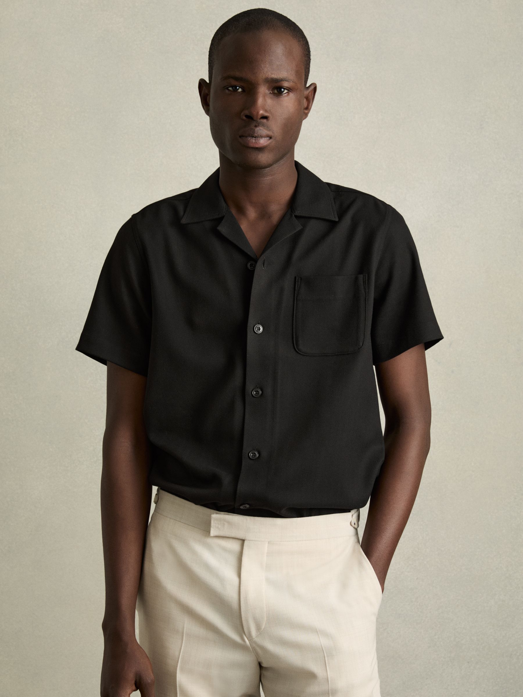 Herringbone Twill Cuban Collar Short Sleeve Shirt in Black