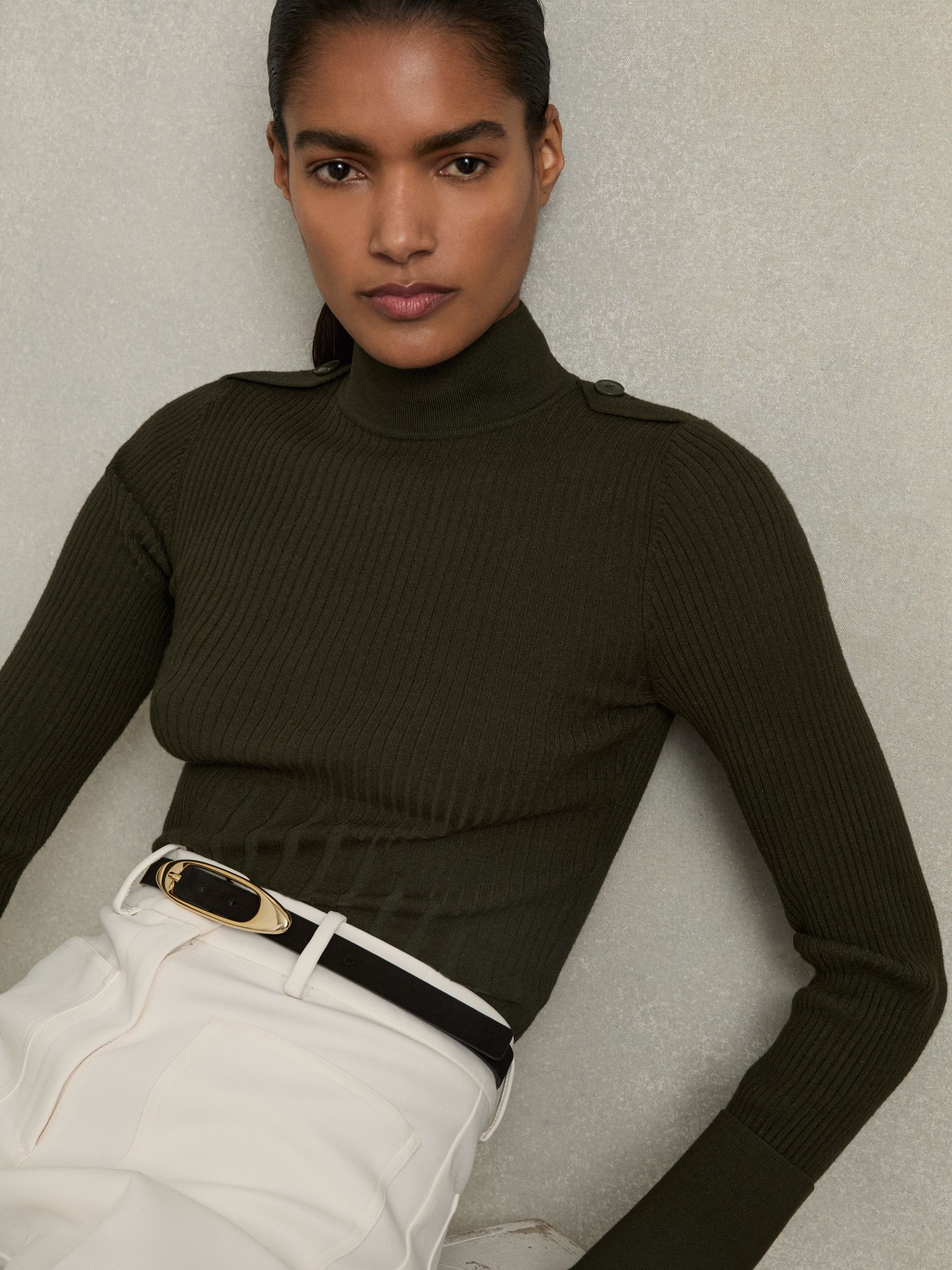 Rib-Knit High-Neck Top in Green