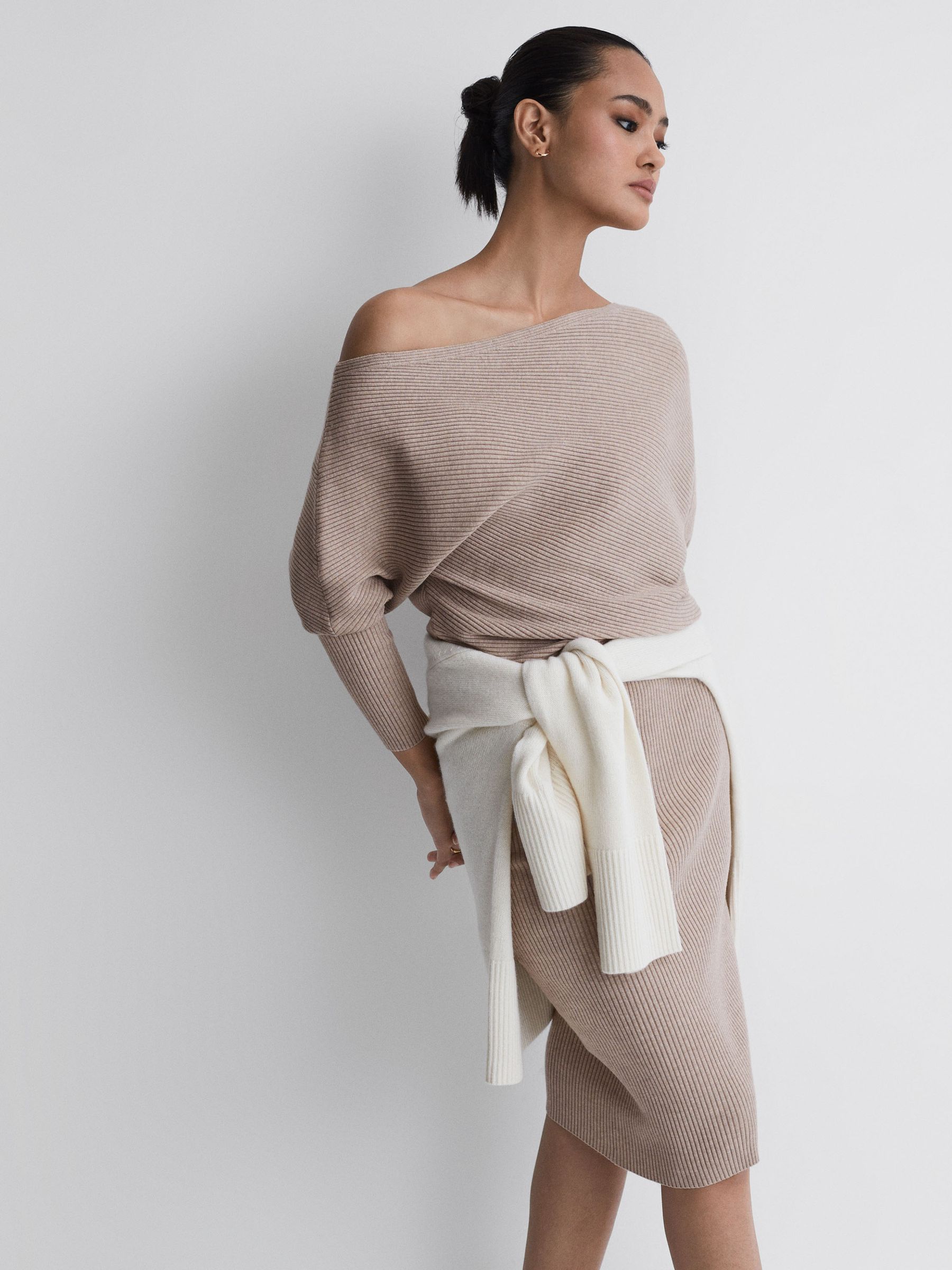 Off-The-Shoulder Ribbed Midi Dress in Neutral