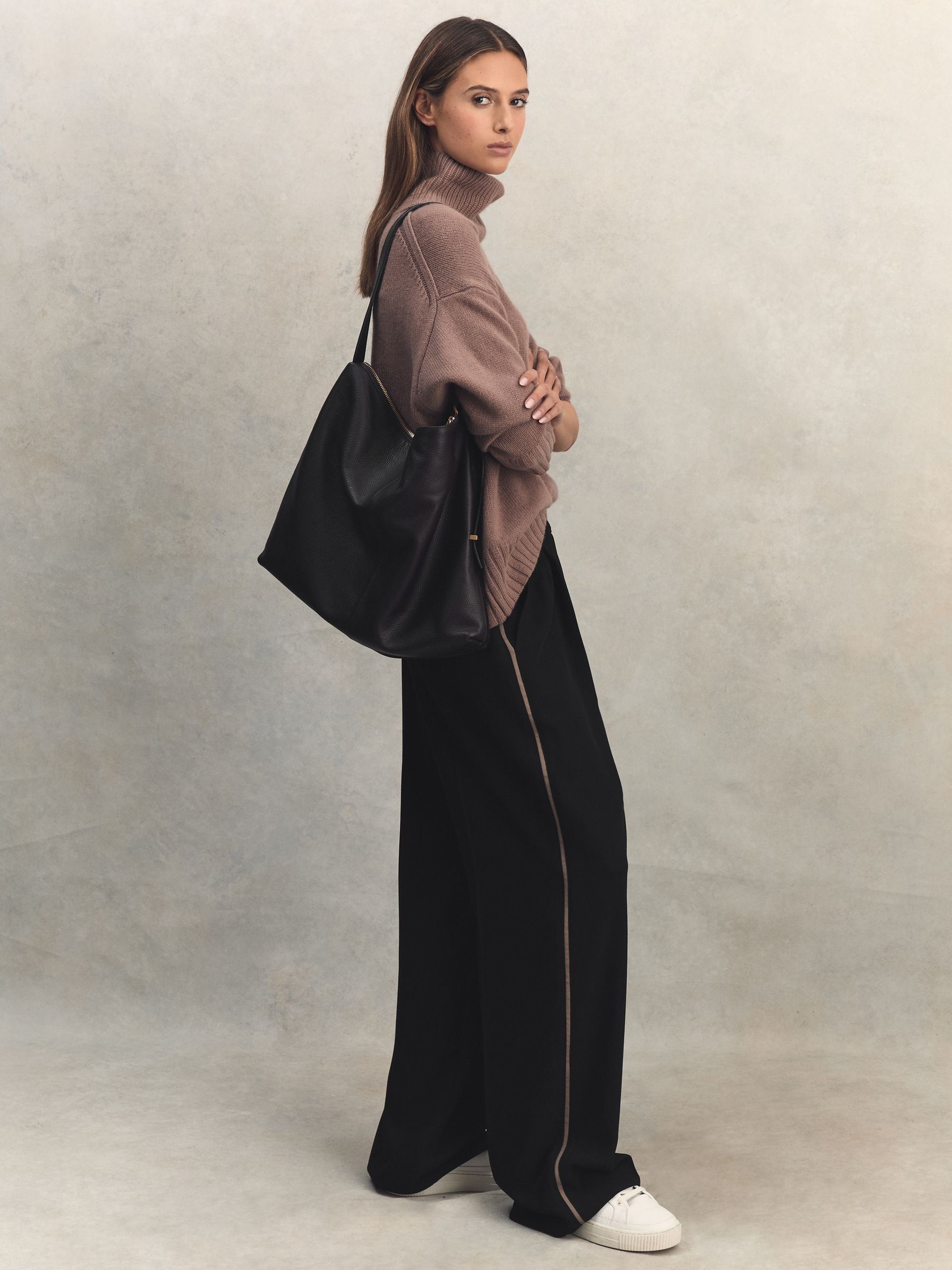 Elasticated Side Stripe Wide Leg Trousers in Black