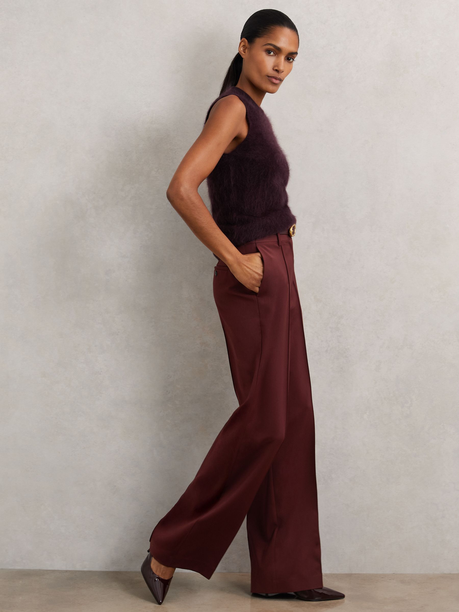 Petite Wide-Leg Pintuck Trousers in Burgundy