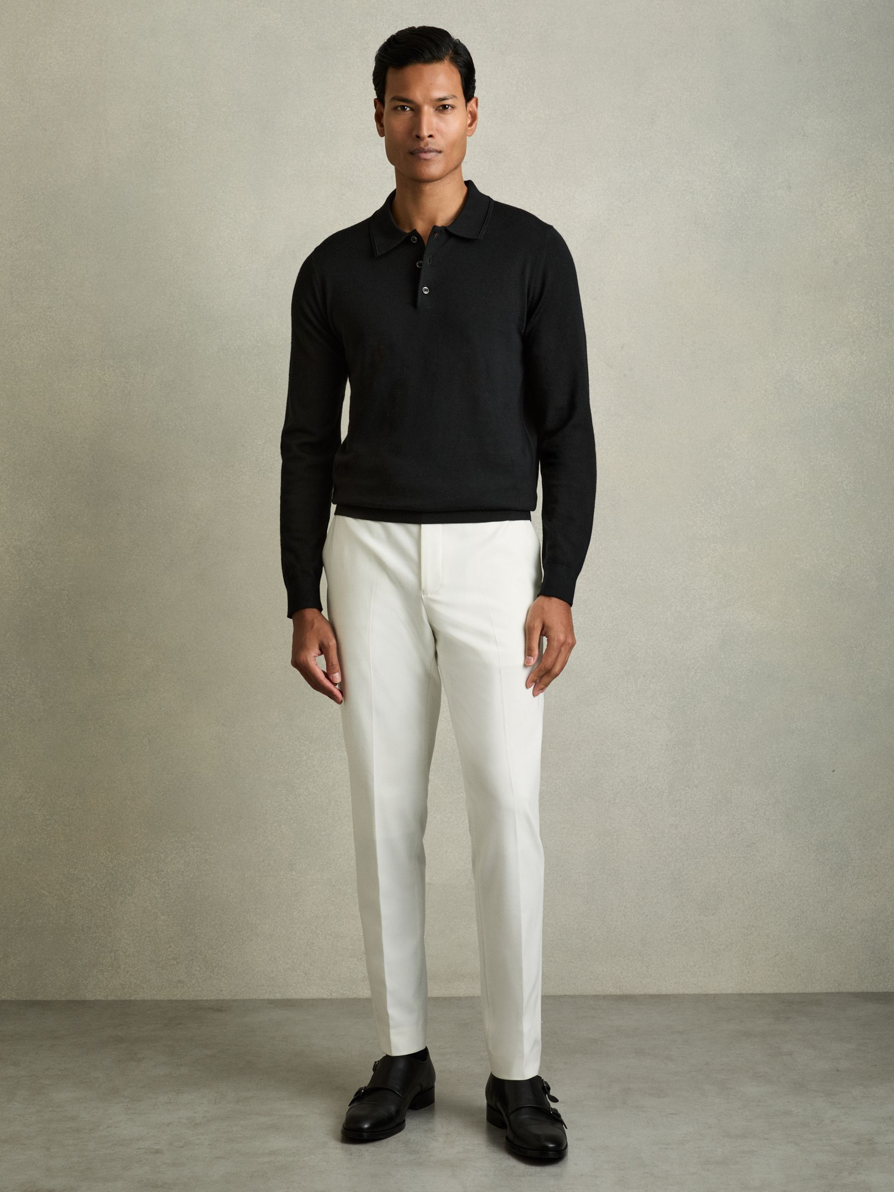Merino Wool Long-Sleeve Polo Shirt in Black