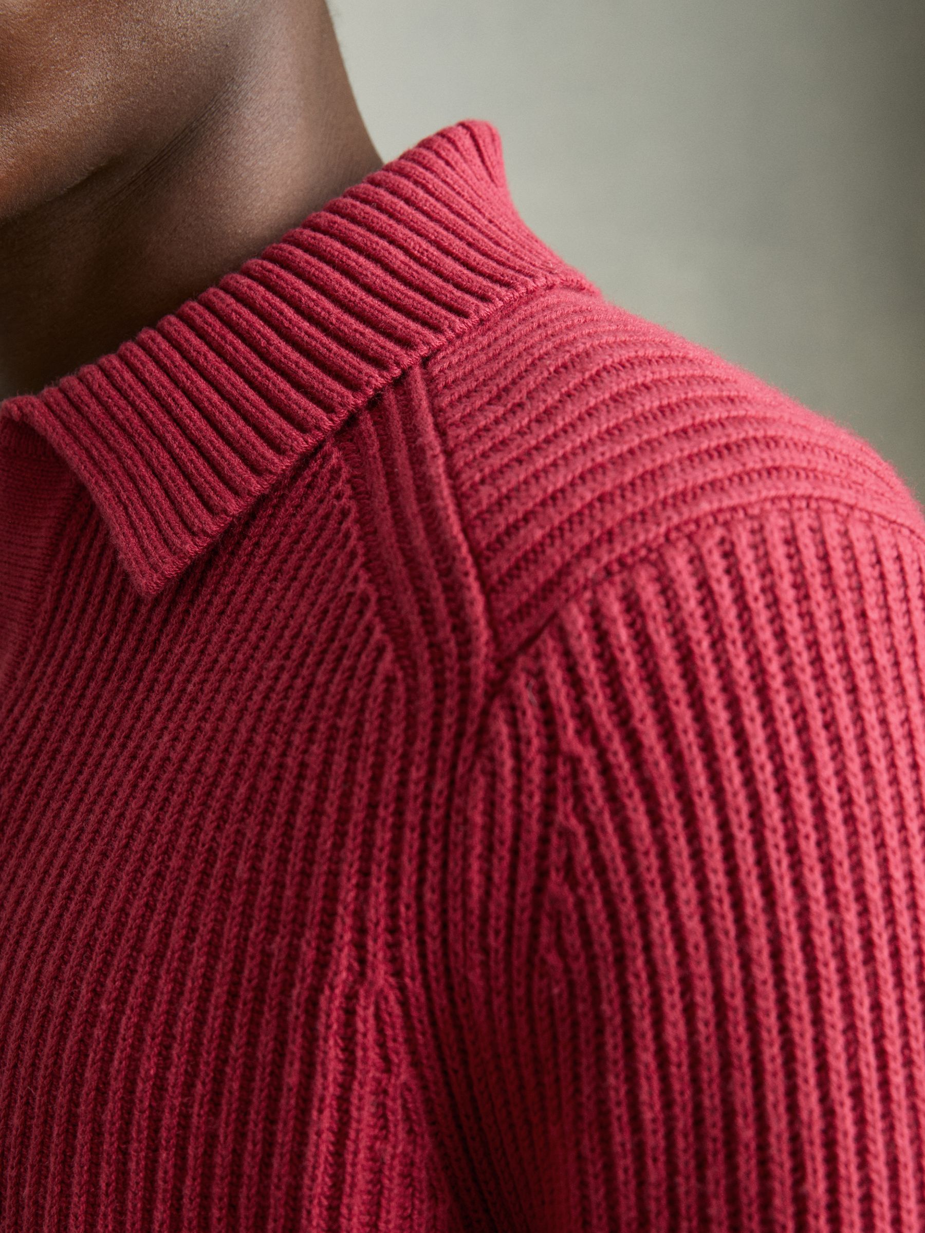 Rib Knit Open Collar Polo Shirt in Red