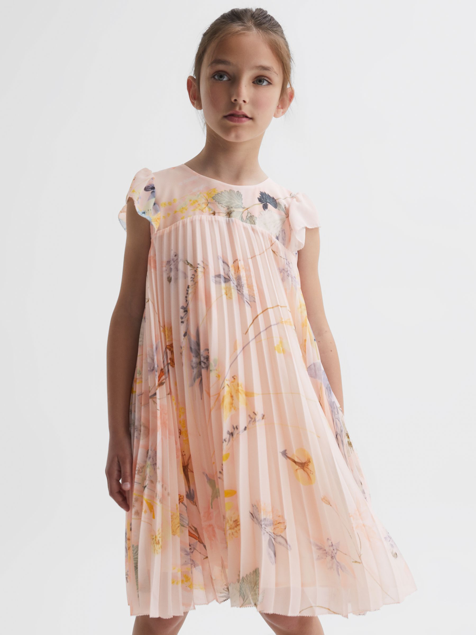 9-14 yrs Floral Pleated Cap Sleeve Dress in Pink