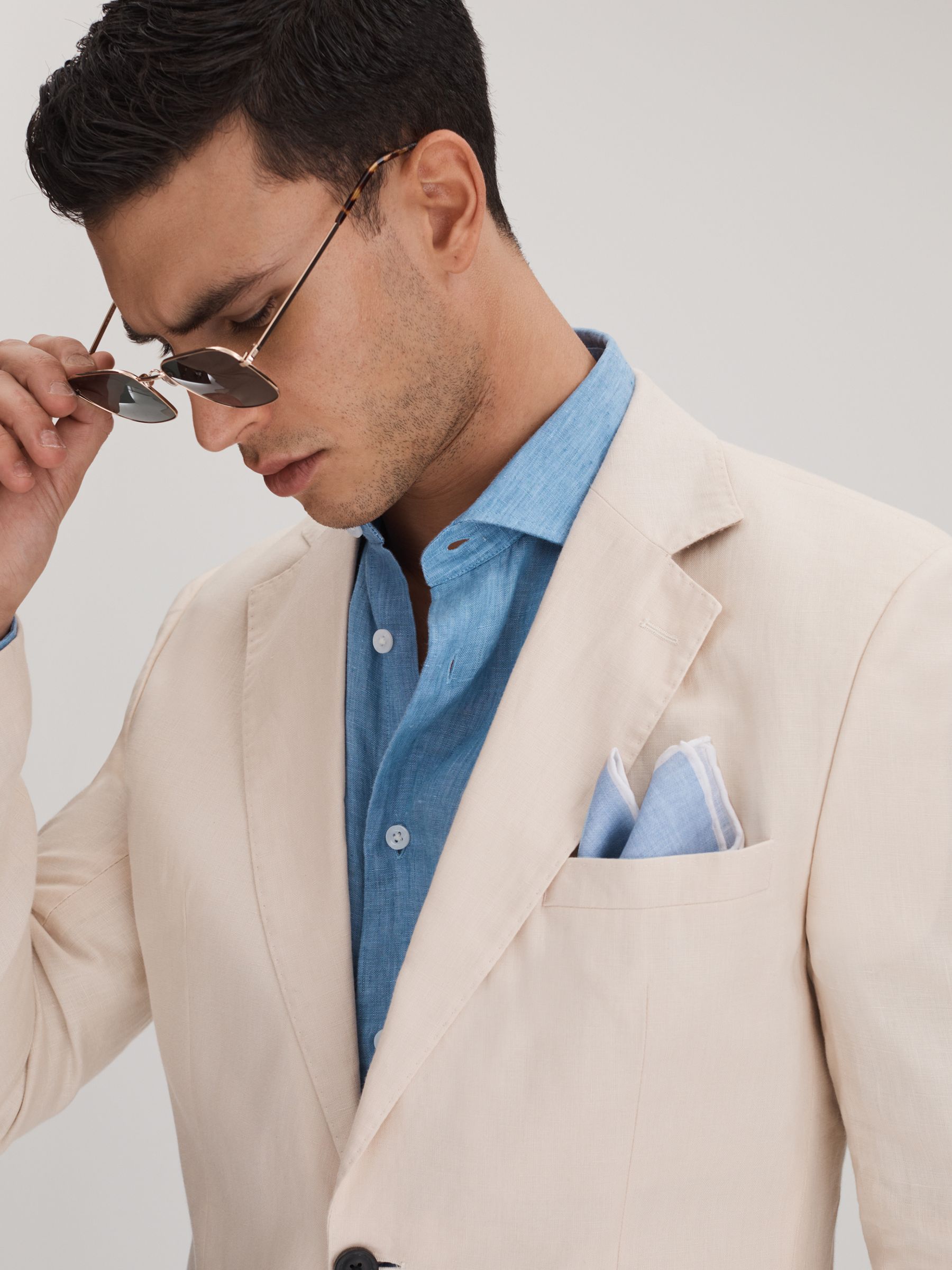 Linen Contrast Trim Pocket Square in Sky Blue Melange