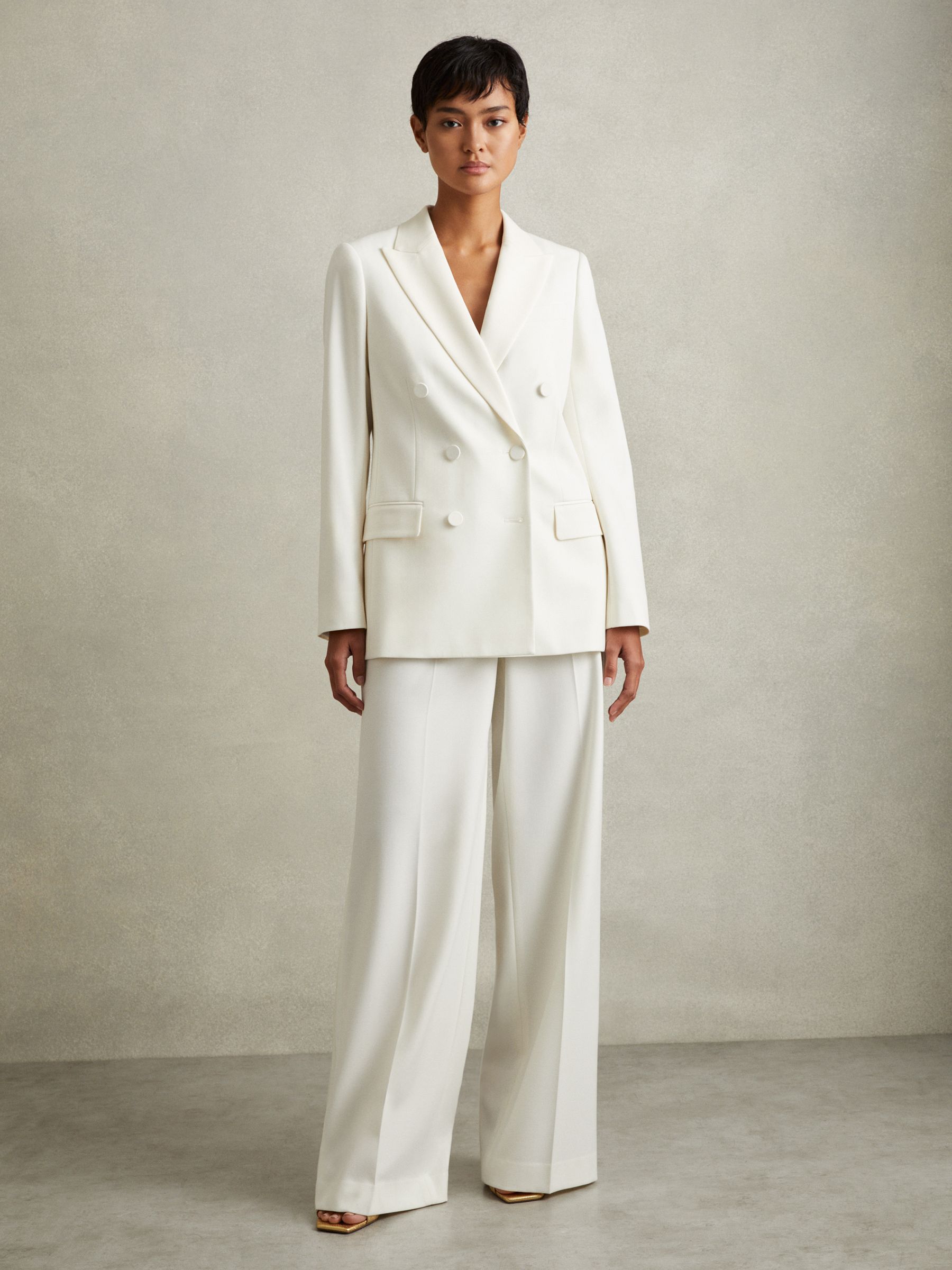 Wool Blend Double Breasted Tux Blazer in White