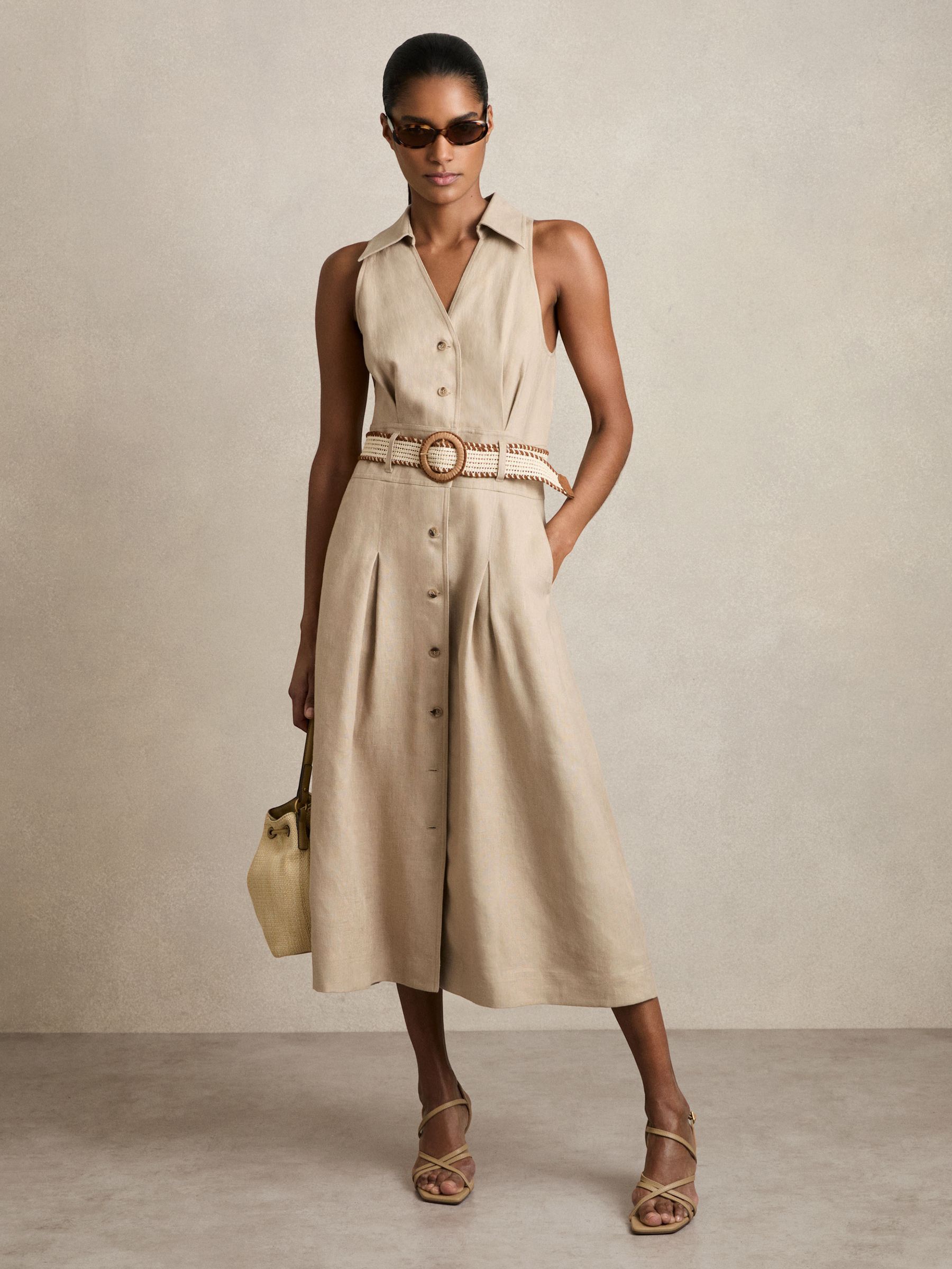 Linen Belted Sleeveless Midi Dress in Neutral