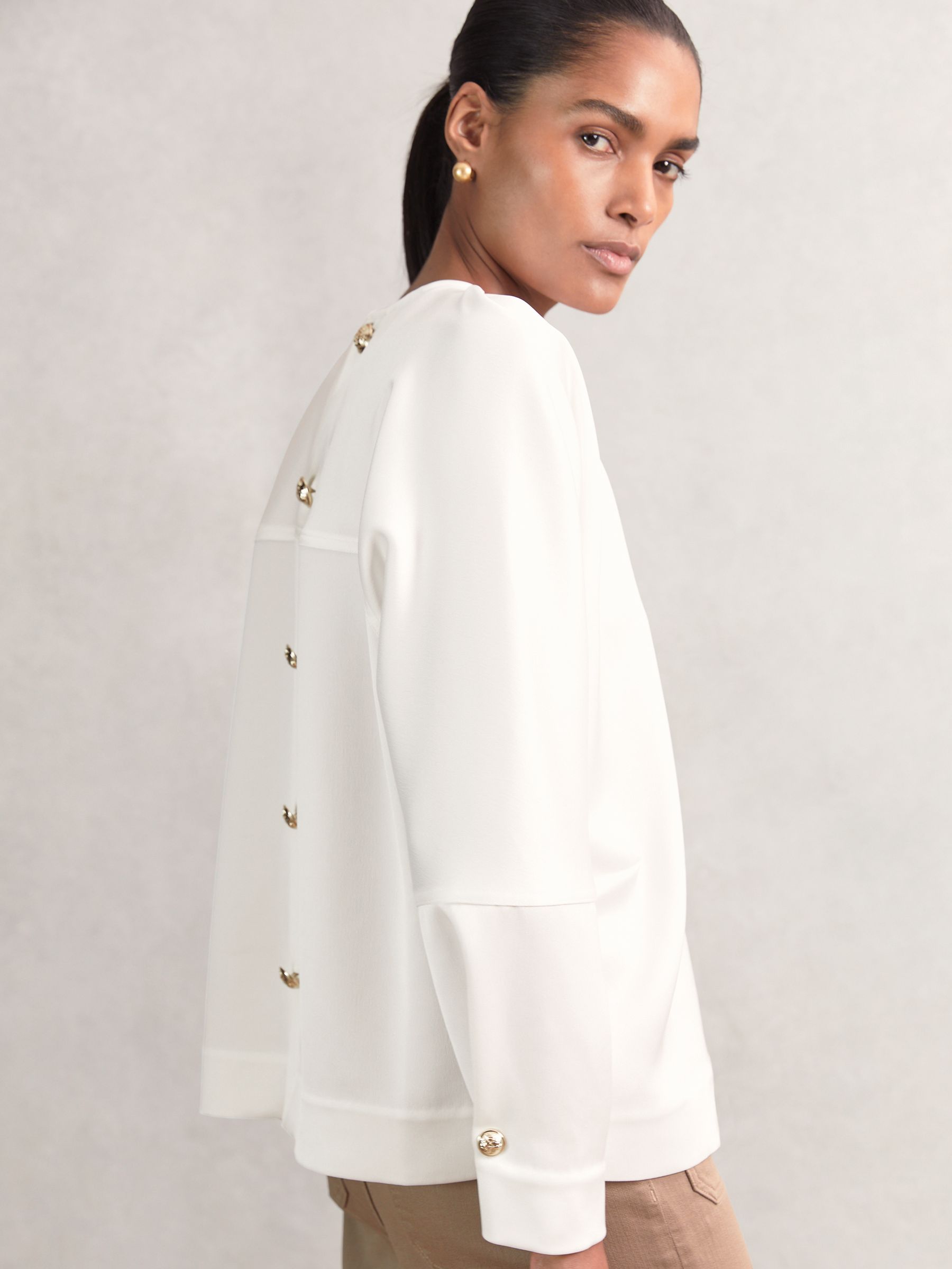 Satin Button-Back Long-Sleeve Top in Ivory