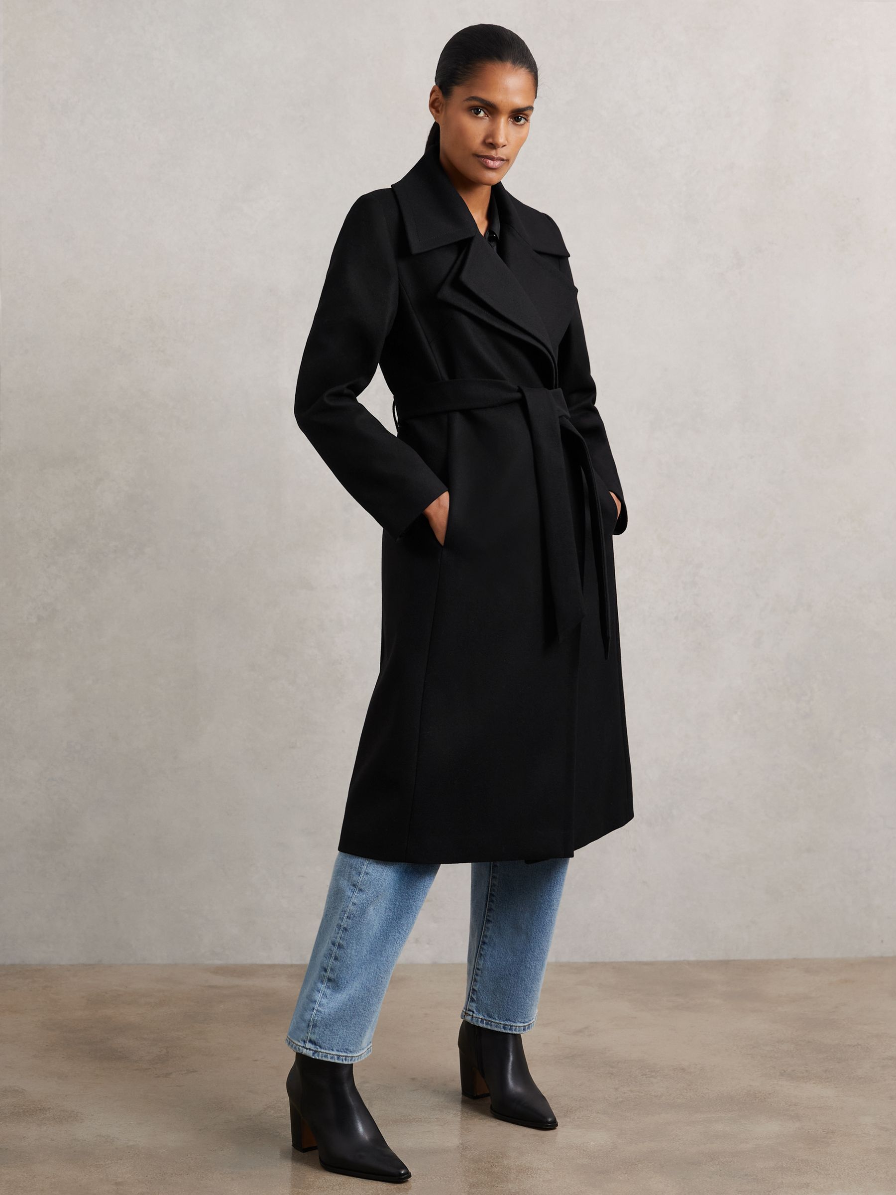 Petite Wool-Blend Double-Lapel Belted Coat With Cashmere in Black
