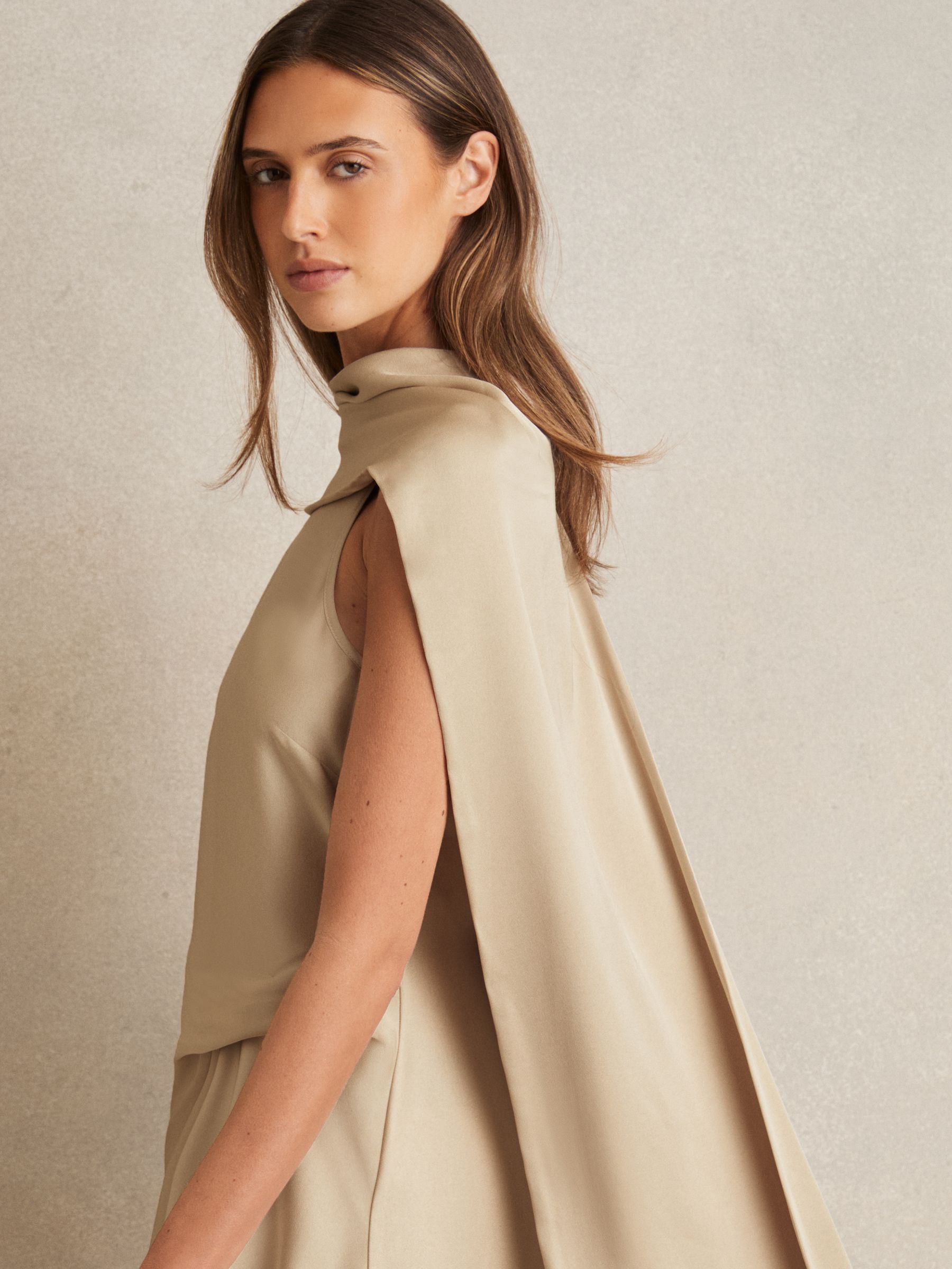 Satin Tuck-Detail Cape Midi Dress in Champagne Neutral