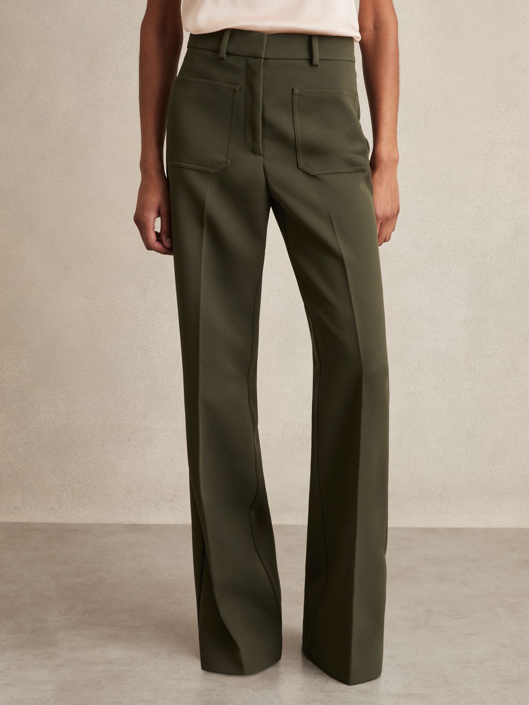 Petite Twill Patch-Pocket Flared Trousers in Green