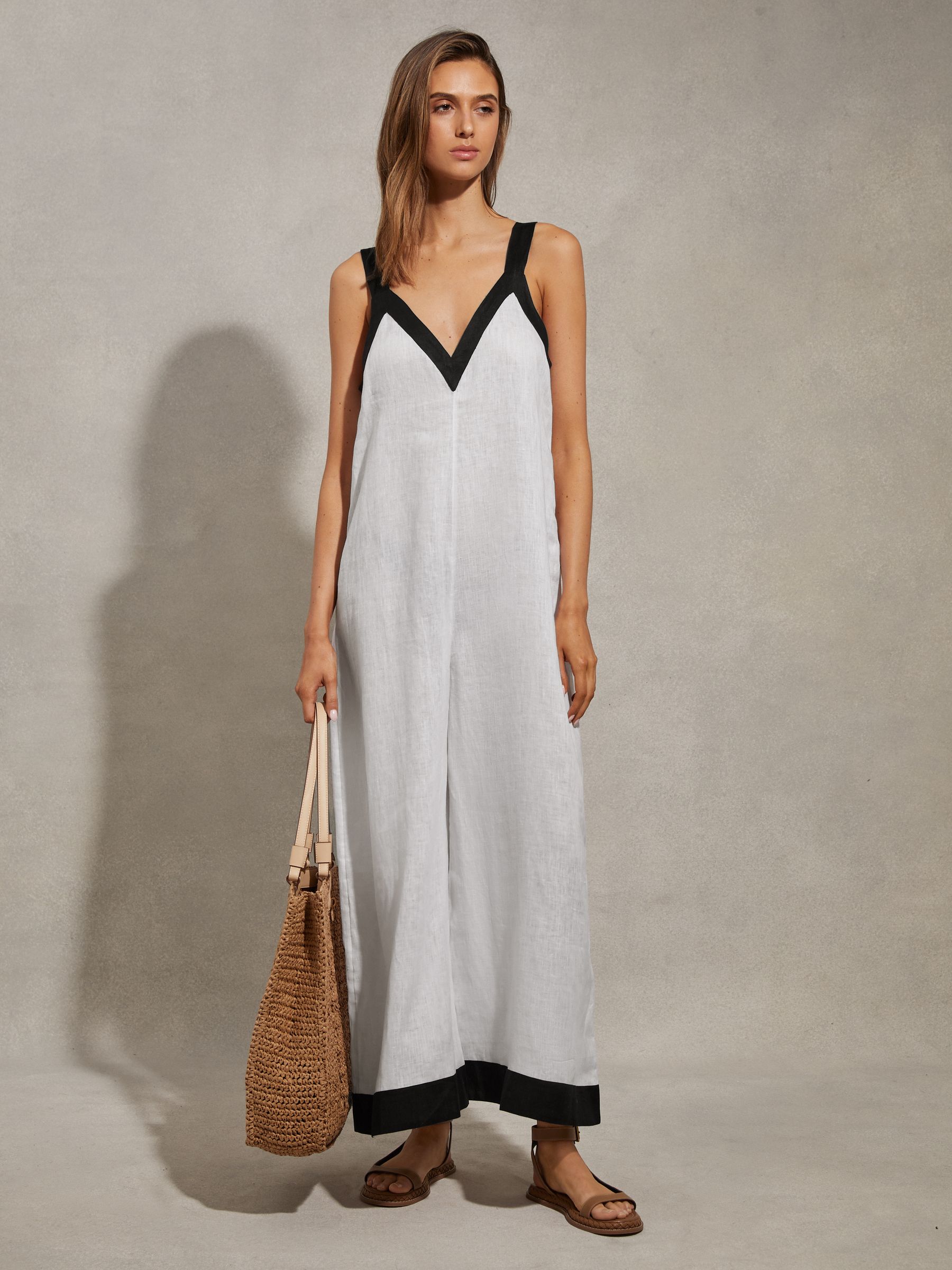 Linen Wide Leg Playsuit in White/Navy