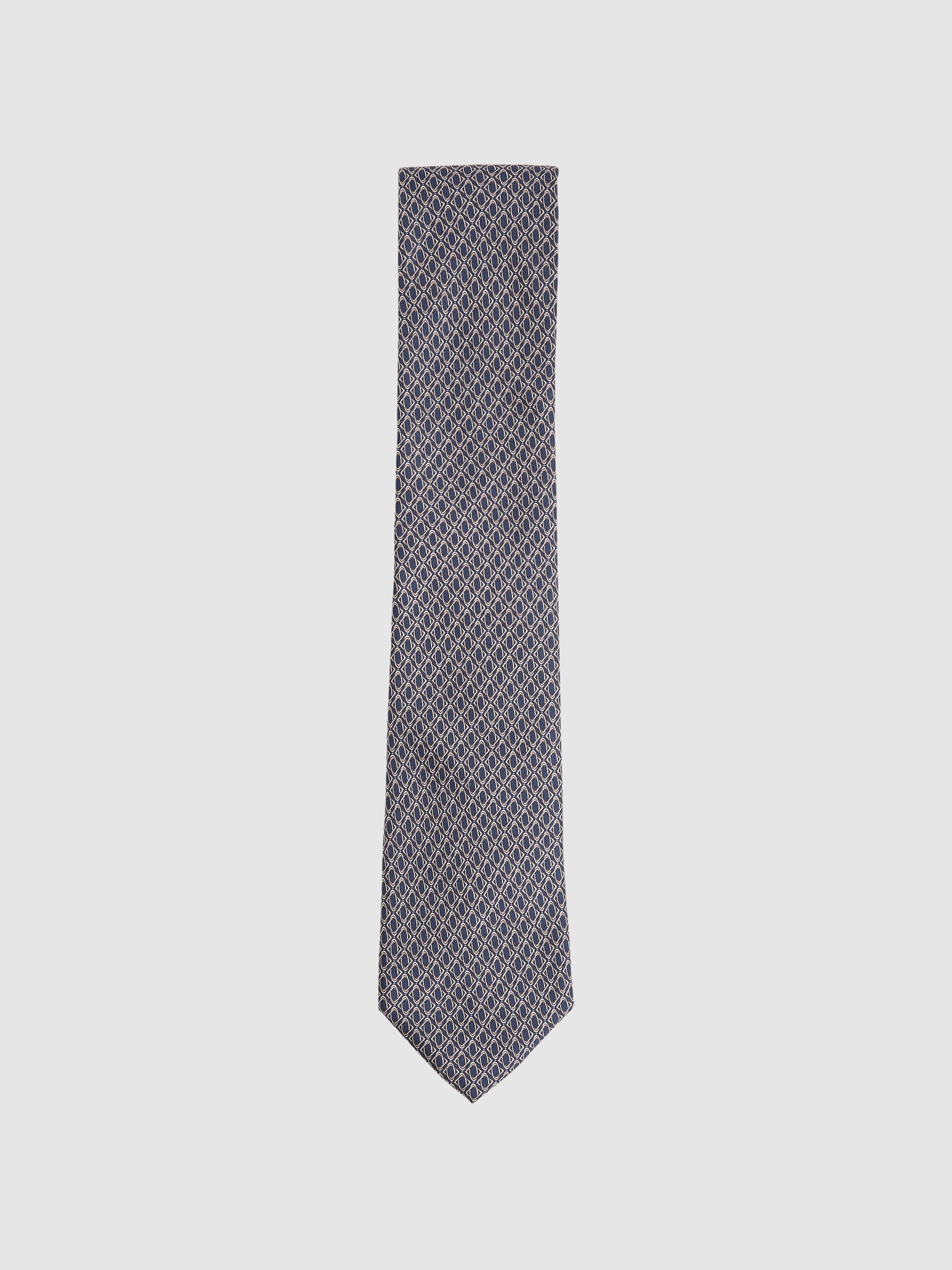 Silk Geometric-Print Tie in Navy