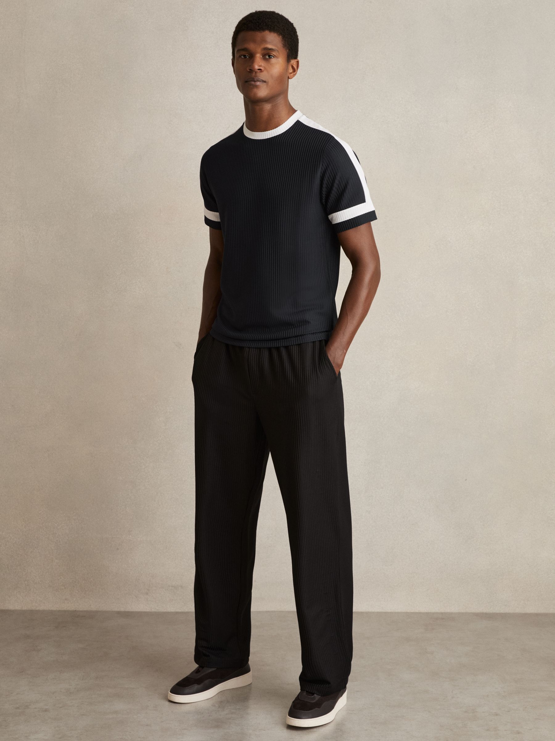 Oversized Textured T-Shirt in Navy/White