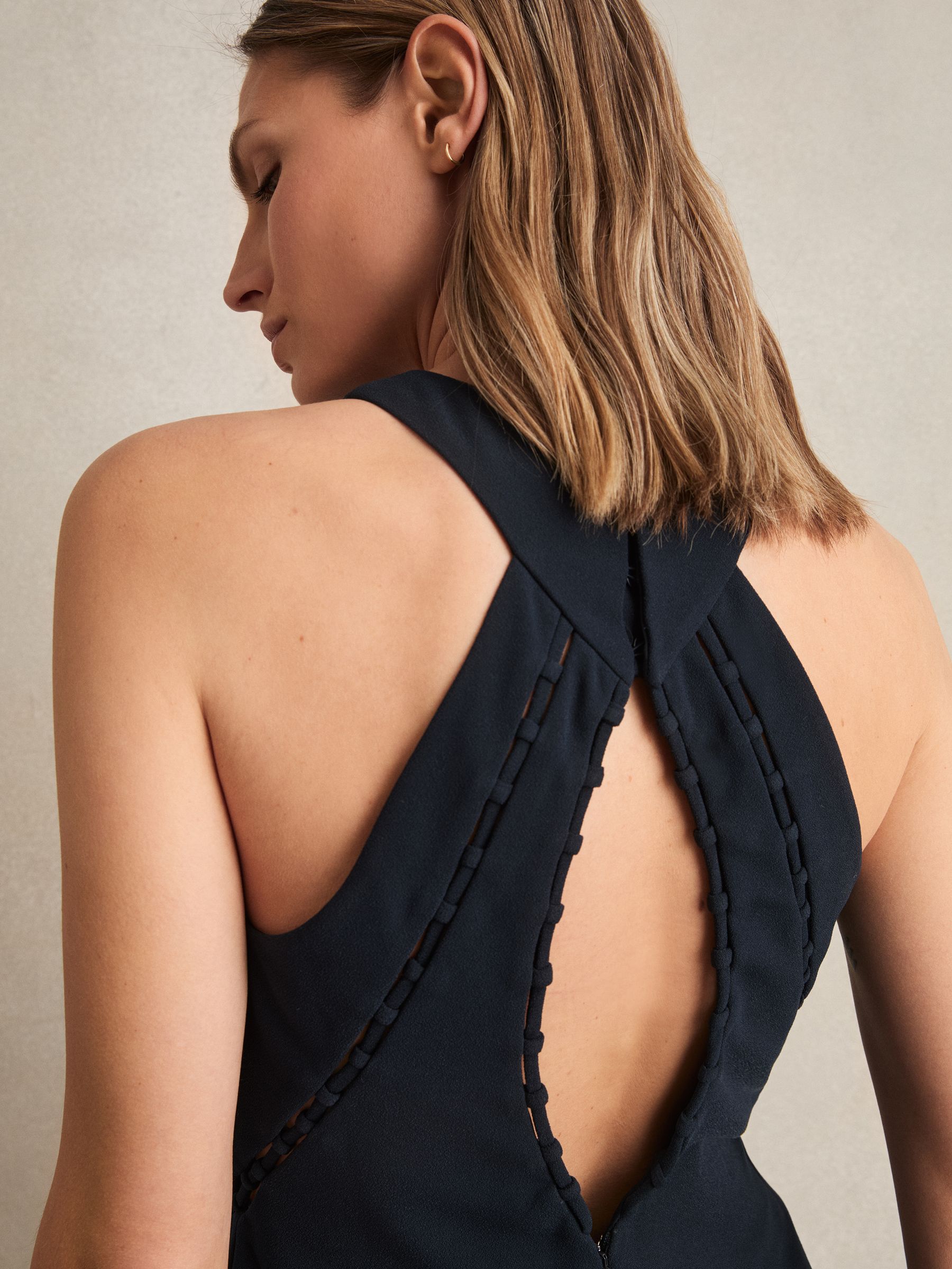 Ladder-Trim Sleeveless Maxi Dress in Navy