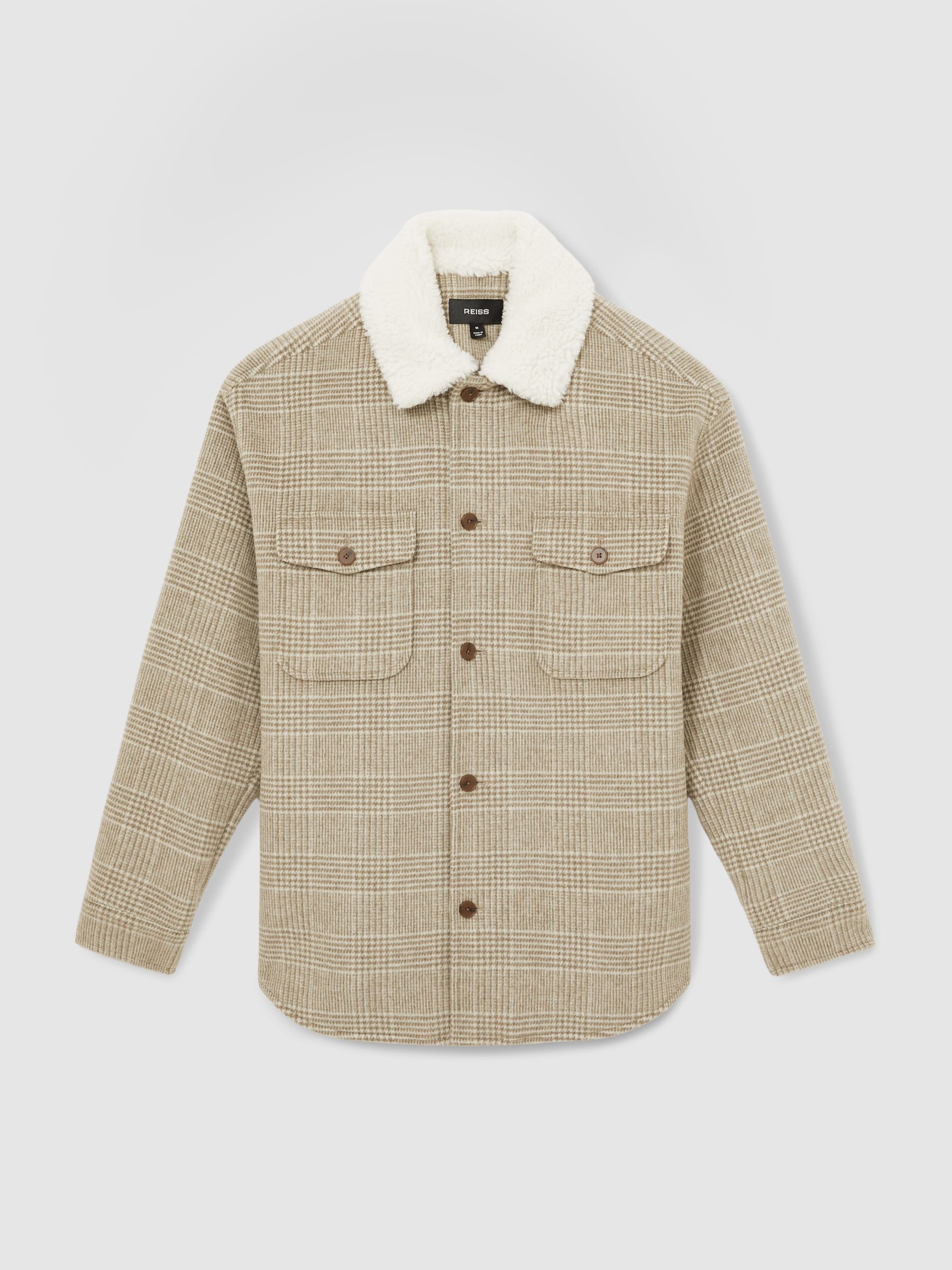 Wool-Blend Borg-Collar Check Overshirt in Oatmeal