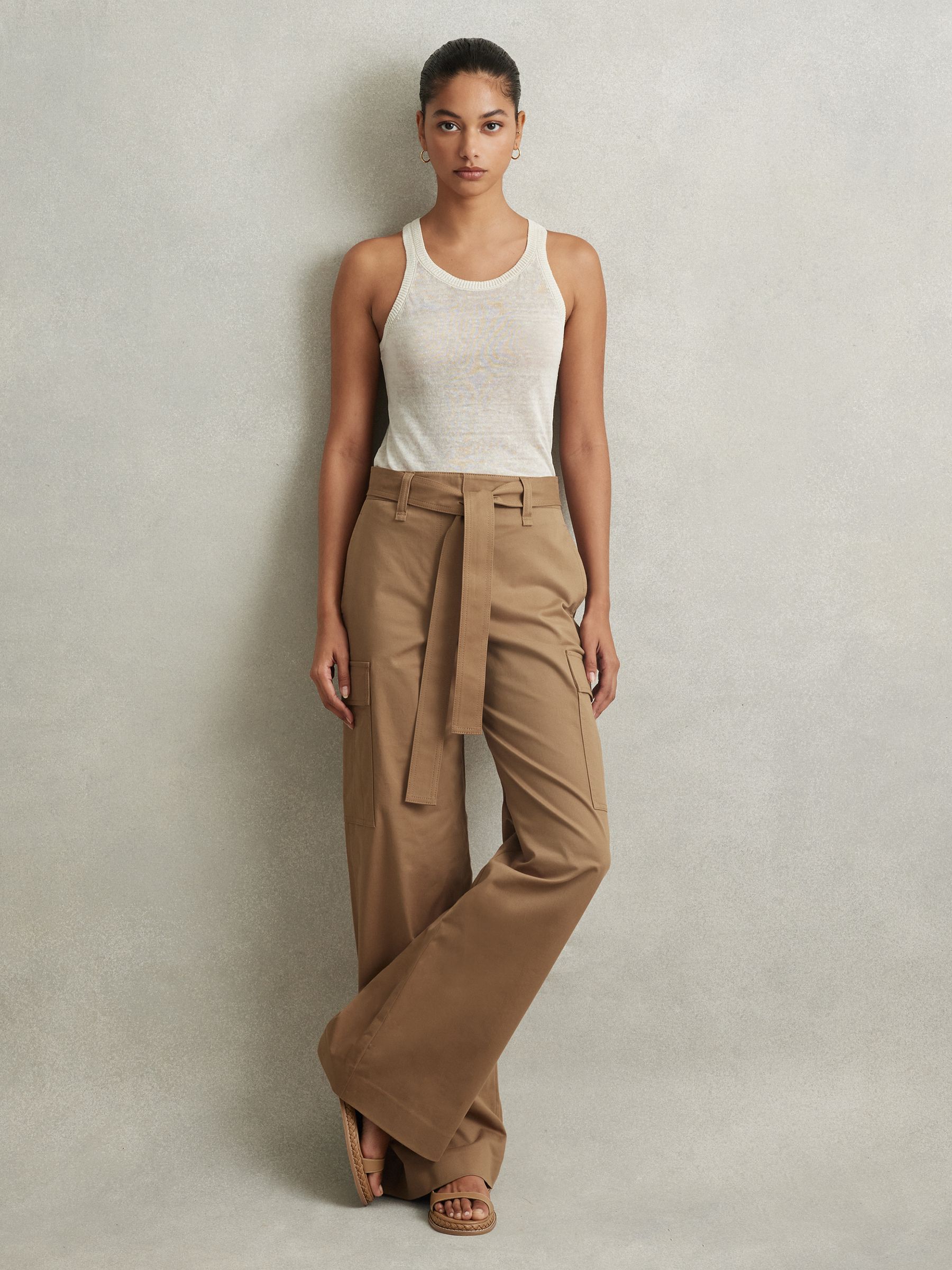 Cotton Blend Wide Leg Cargo Trousers in Camel