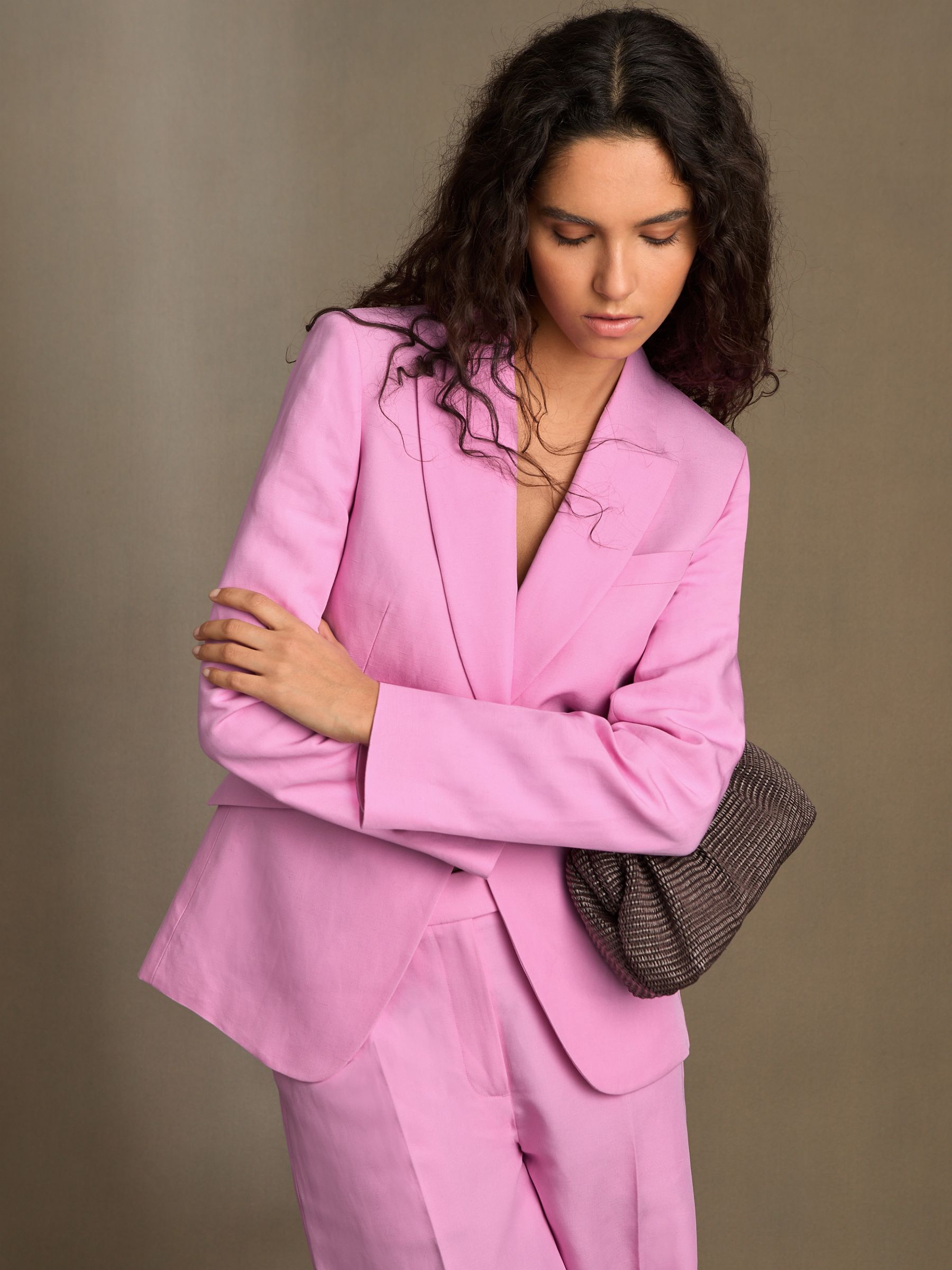 Petite Single Breasted Suit Jacket With Linen in Pink