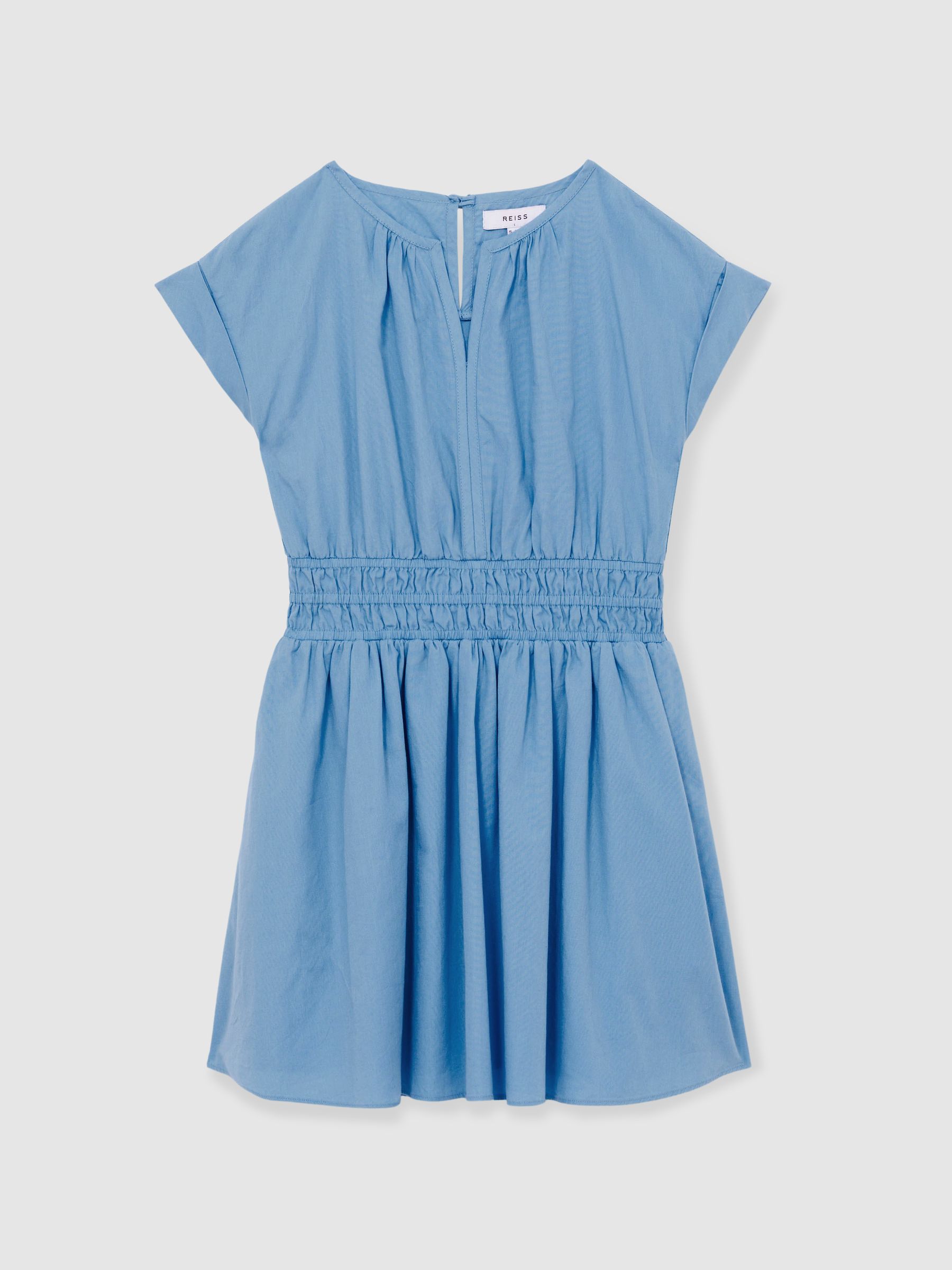 13-14 yrs Cotton Cap-Sleeve Ruched Dress in Blue