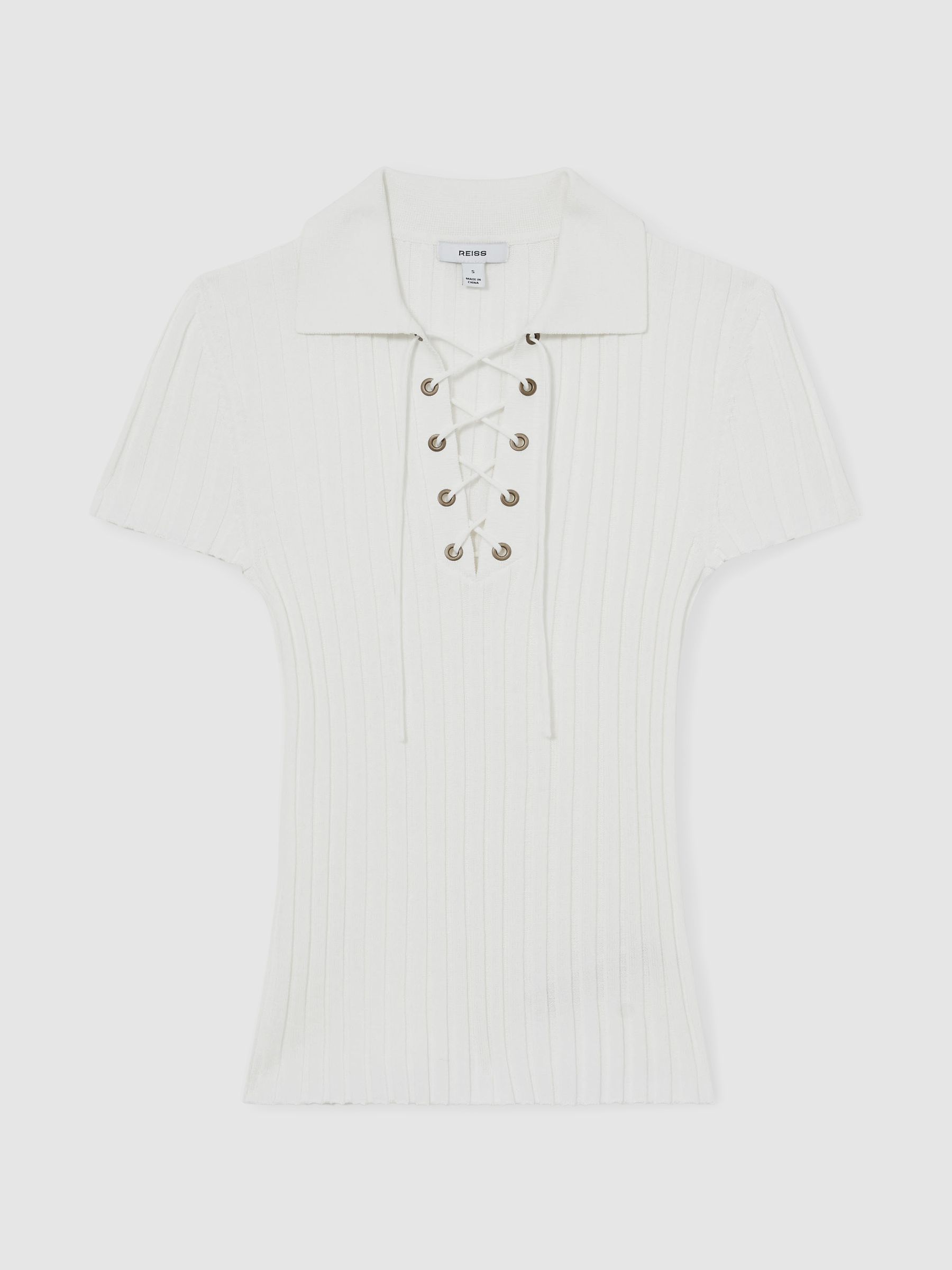 Lace Up Rib Knit Top in Ivory