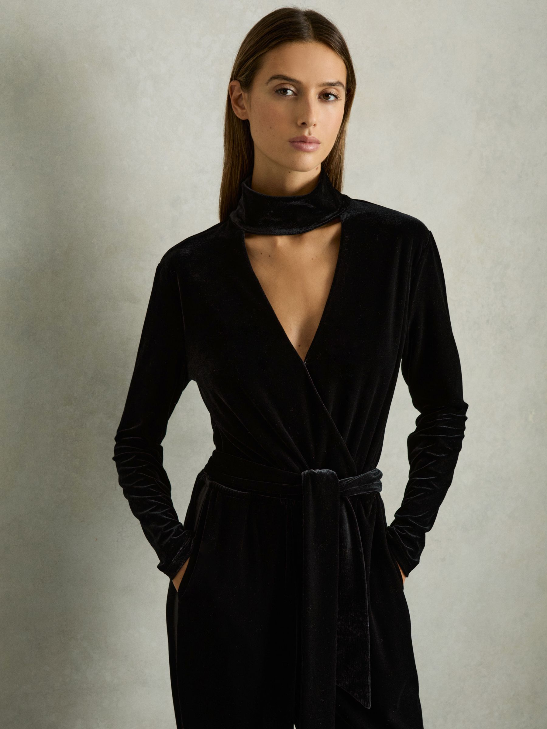 Velvet Belted Wide Leg Jumpsuit in Black